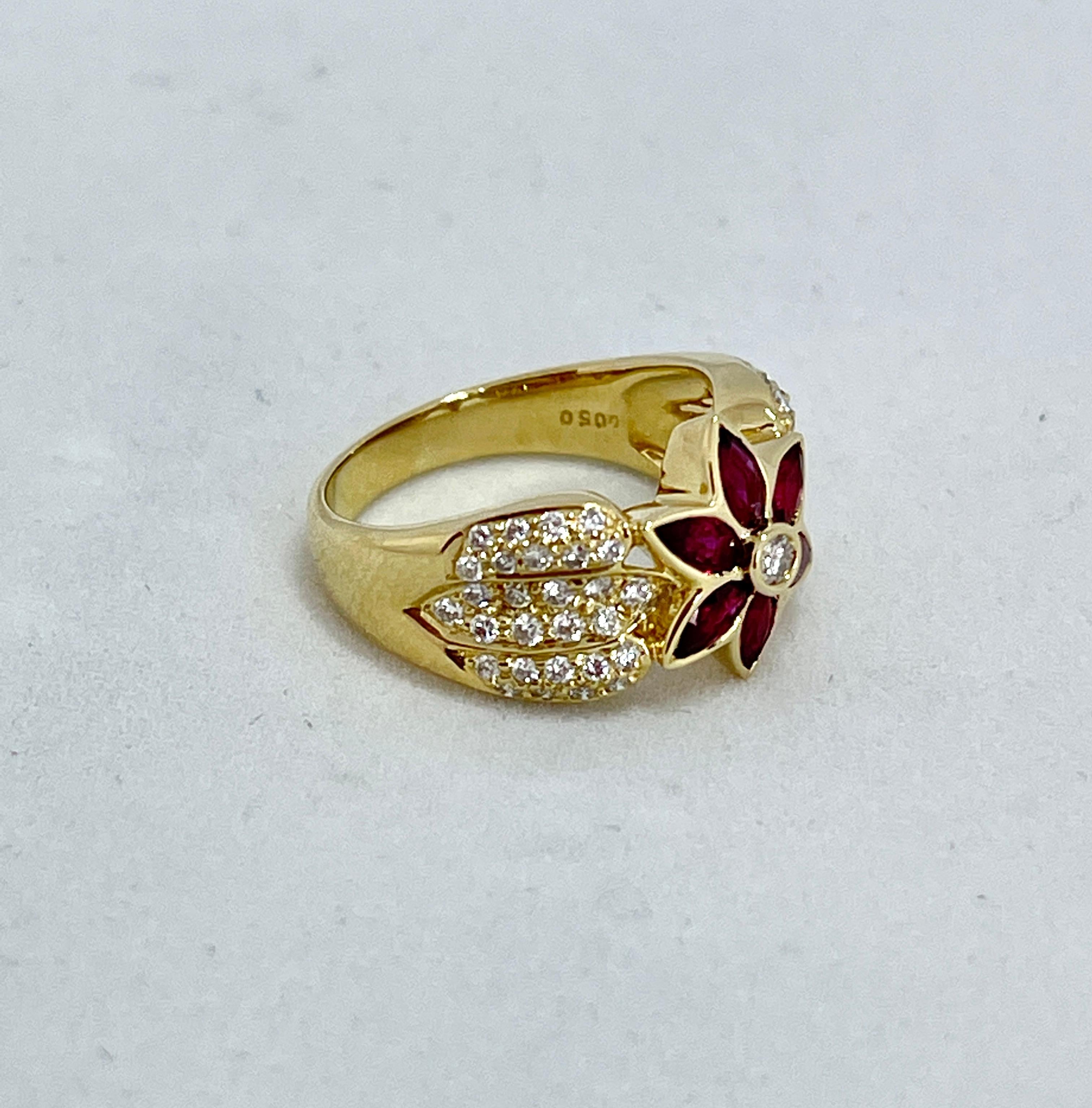 Marquise Cut Genuine Natural Ruby Diamond Designer Flower Cluster Ring 18K Yellow Gold For Sale