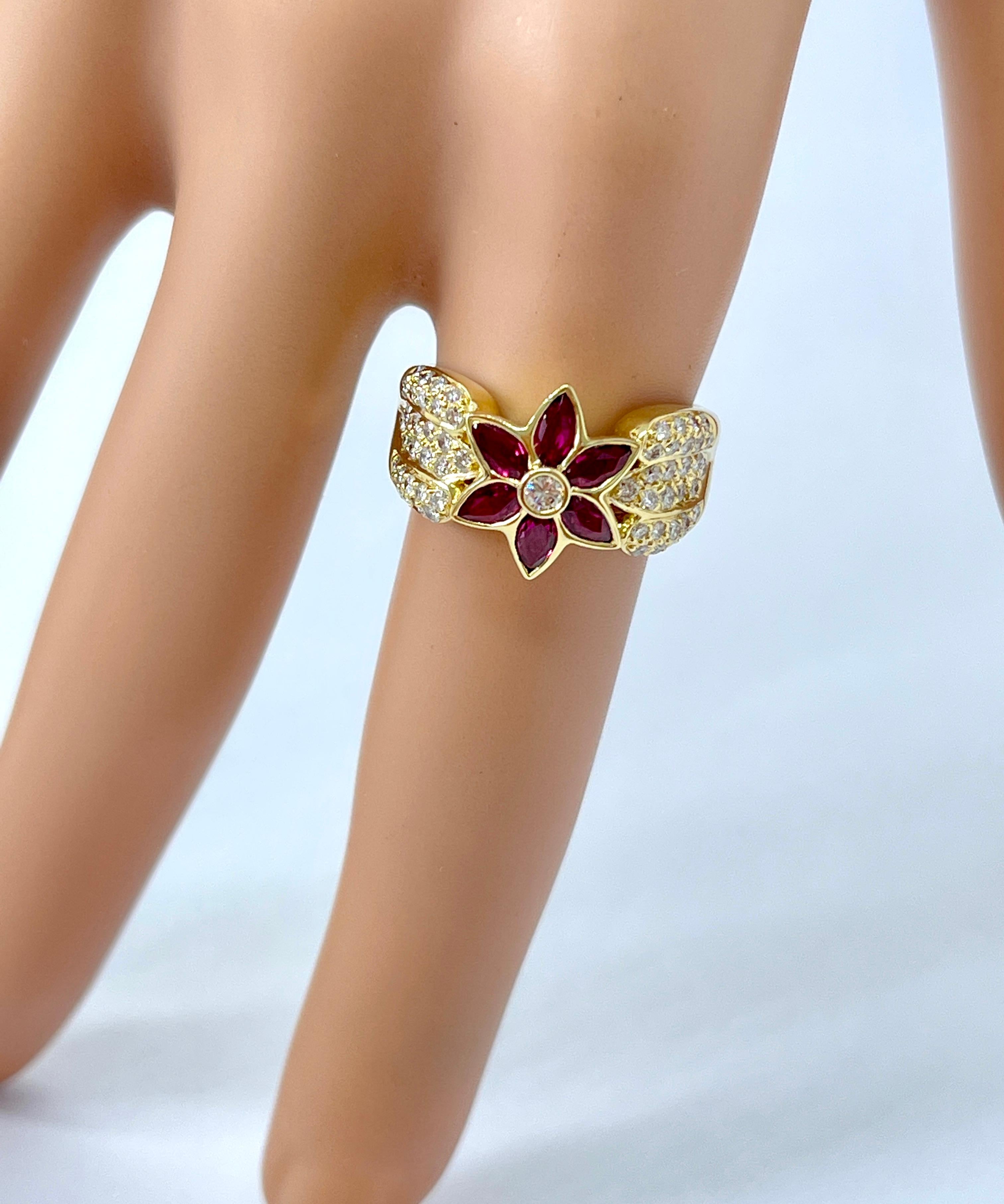 Genuine Natural Ruby Diamond Designer Flower Cluster Ring 18K Yellow Gold In New Condition For Sale In Mona Vale, NSW