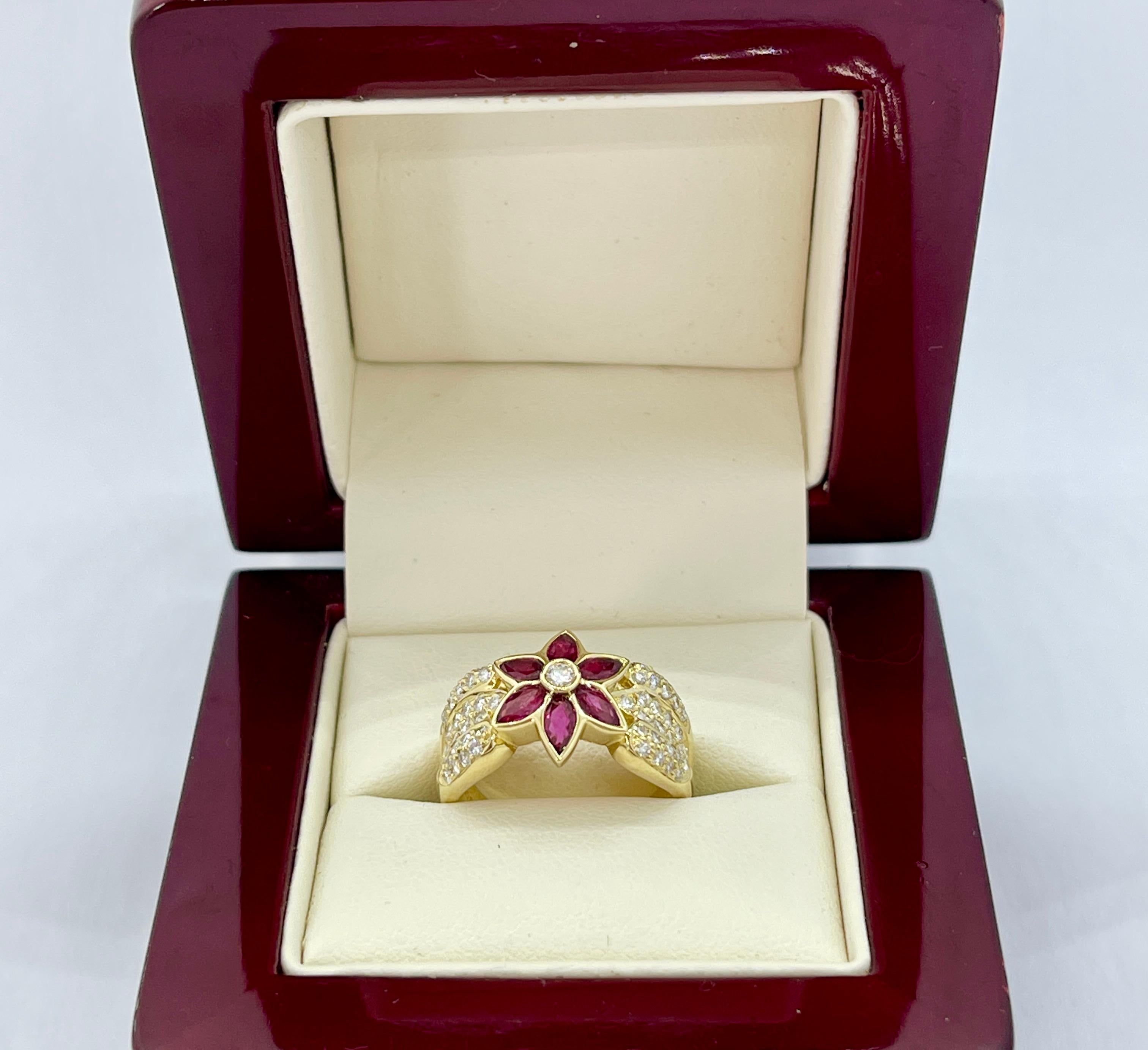 Genuine Natural Ruby Diamond Designer Flower Cluster Ring 18K Yellow Gold For Sale 1