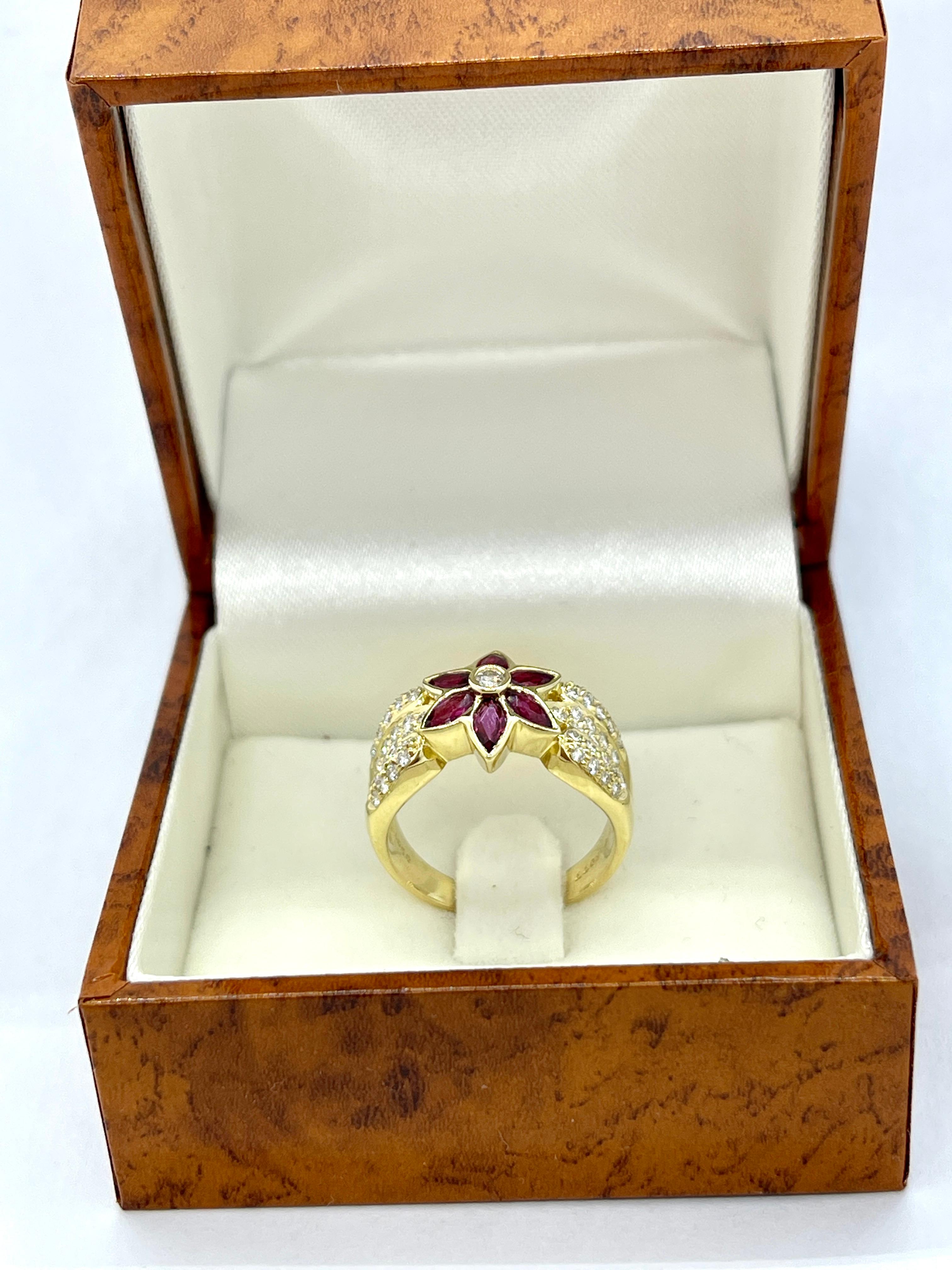 Genuine Natural Ruby Diamond Designer Flower Cluster Ring 18K Yellow Gold For Sale 2