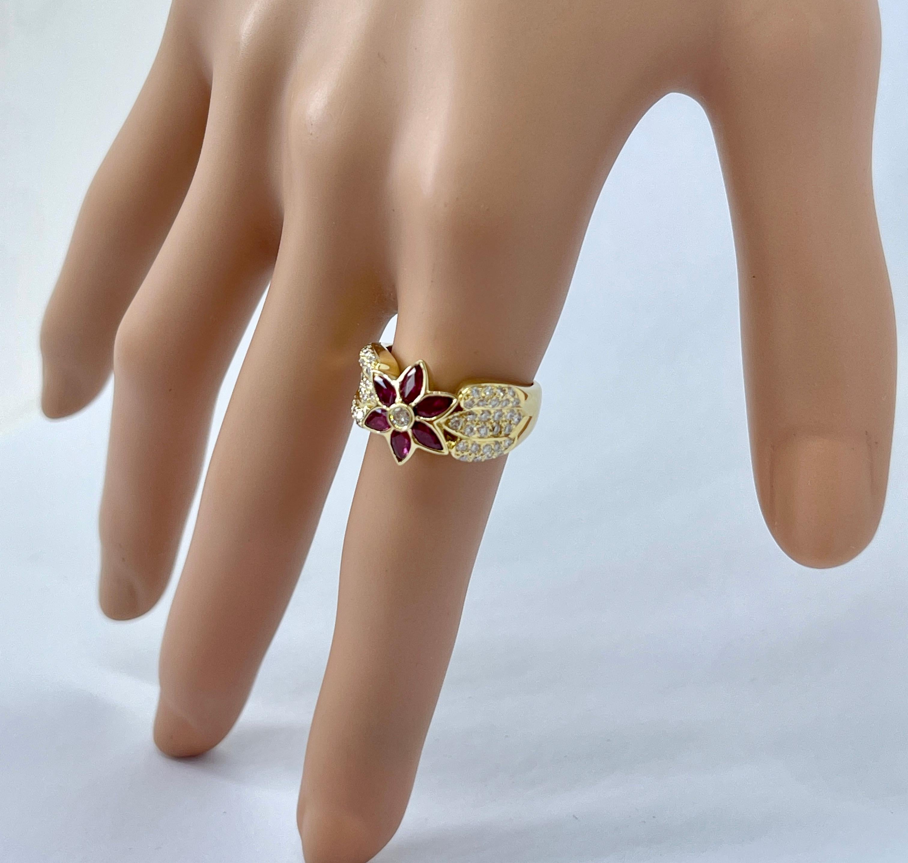 Genuine Natural Ruby Diamond Designer Flower Cluster Ring 18K Yellow Gold For Sale 3