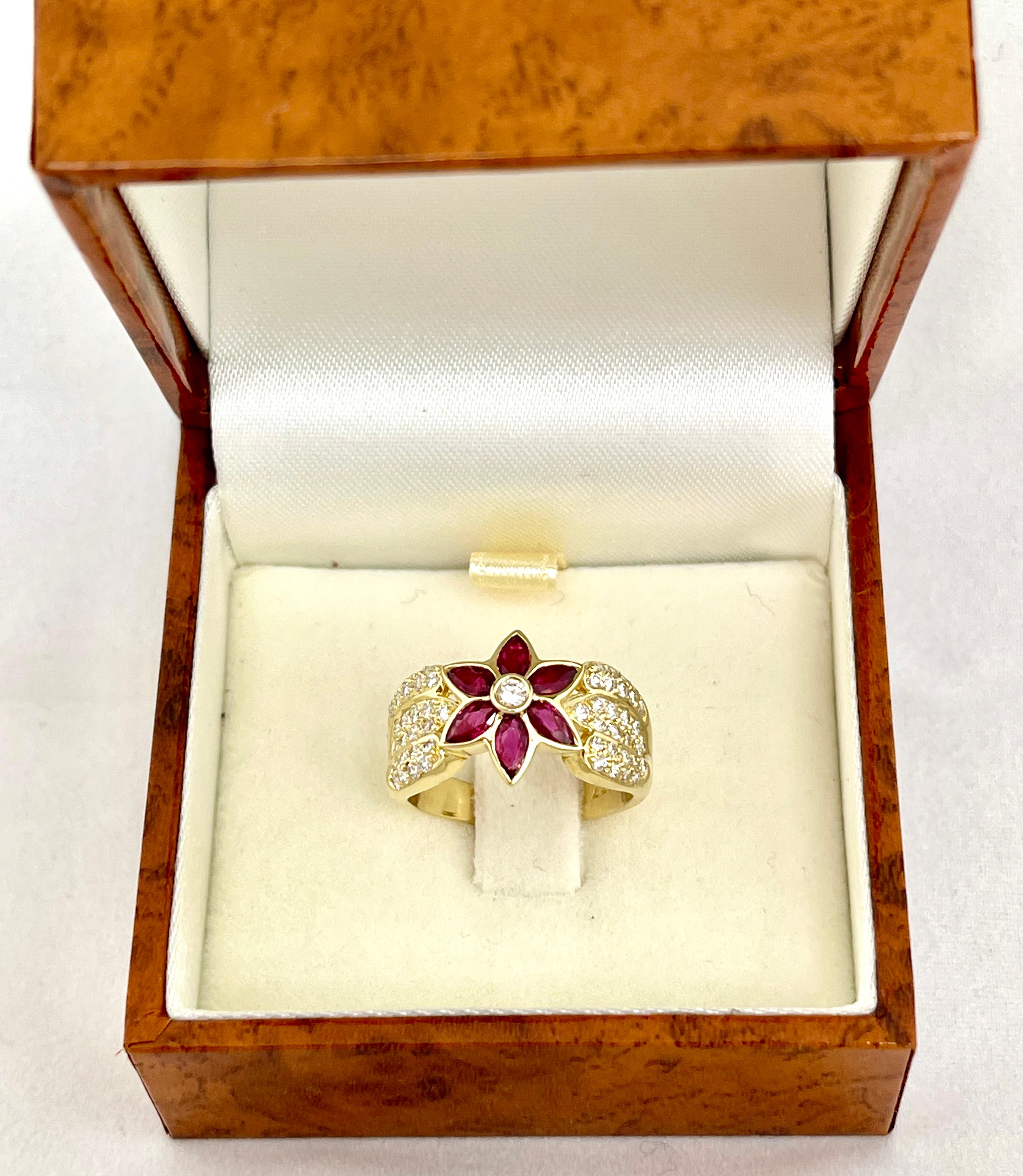 Genuine Natural Ruby Diamond Designer Flower Cluster Ring 18K Yellow Gold For Sale 4