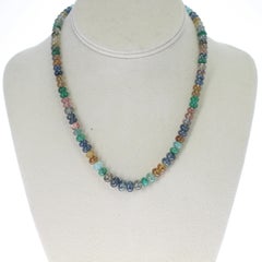 Genuine & Natural Smooth Multi-Color Sapphire and Emerald Beads Necklace, 14K