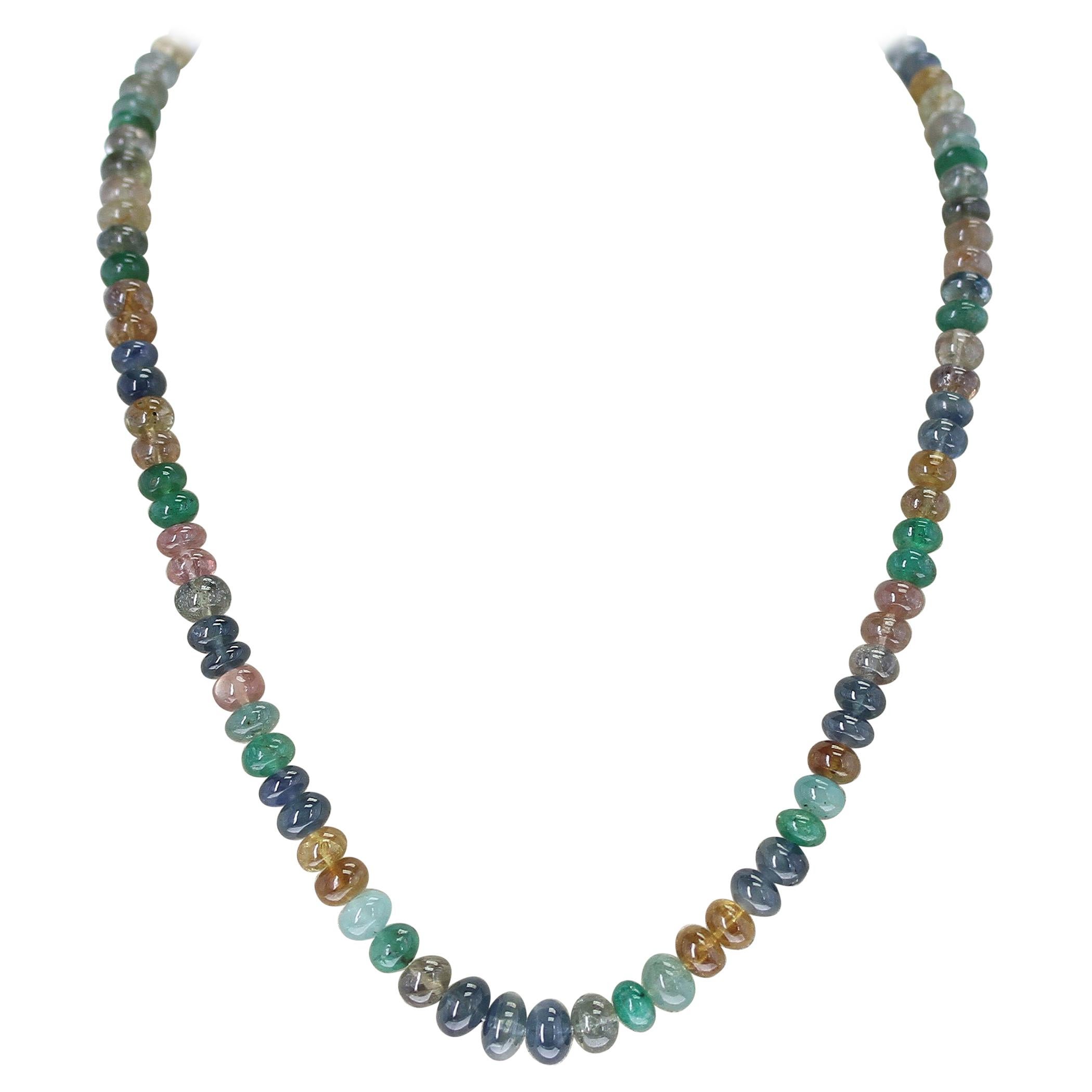 Genuine & Natural Smooth Multi-Color Sapphire and Emerald Beads Necklace, 14K 