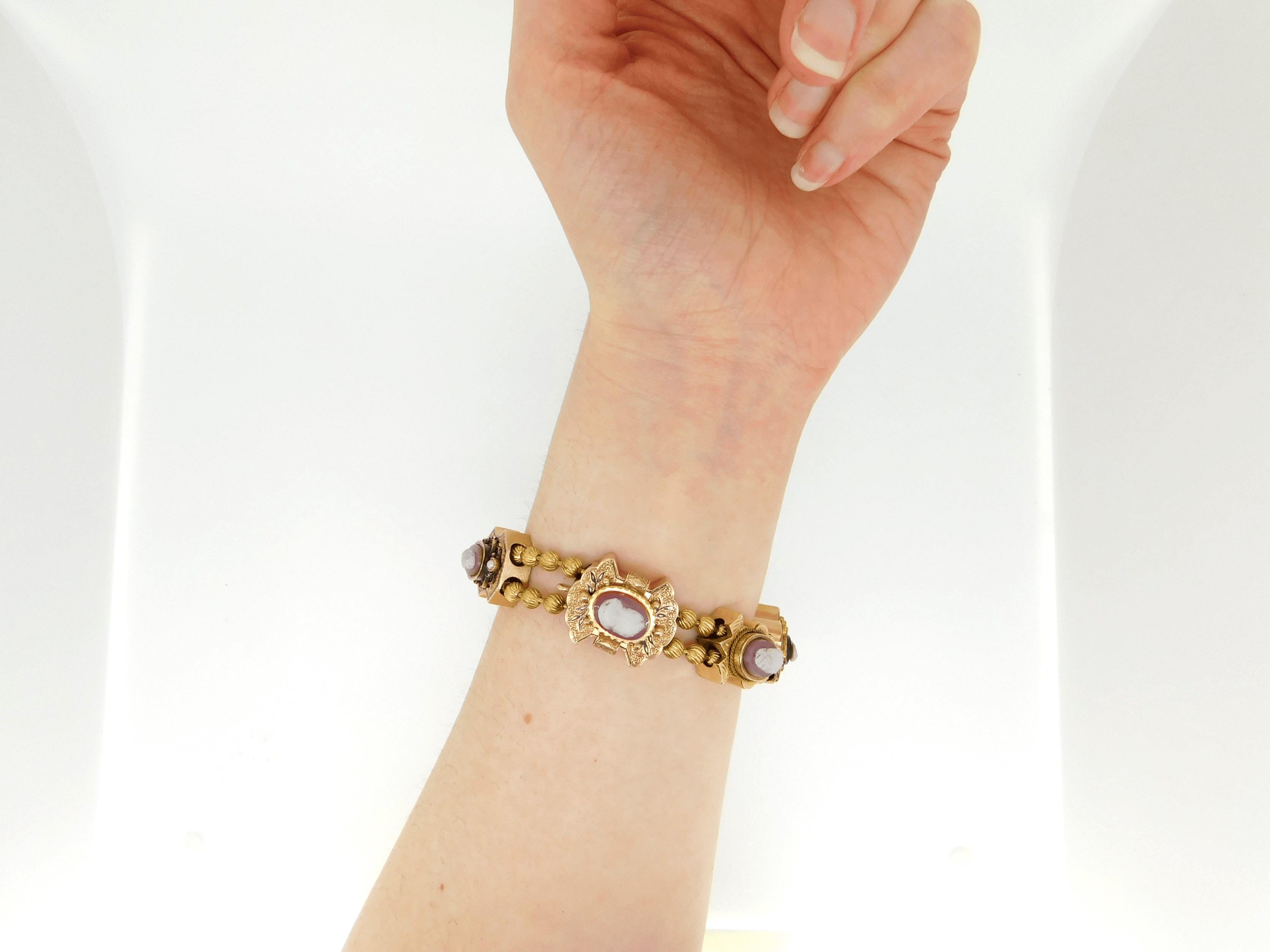 Genuine Natural Stone Cameo Victorian XL Gold Slide Bracelet '#J4362' For Sale 1