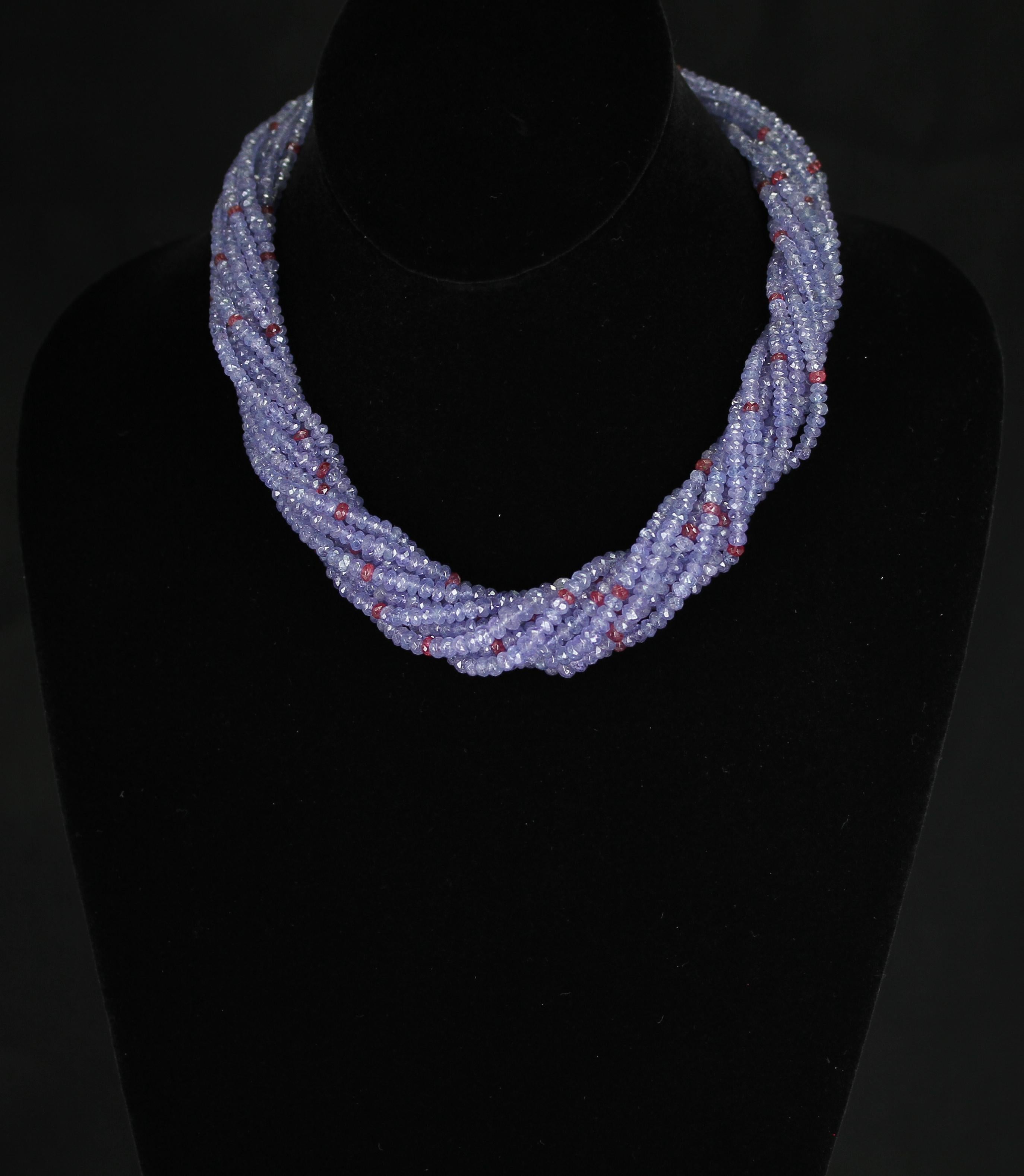 Choker-Halskette aus echtem und natürlichem Tansanit und Spinell mit facettierten Perlen, 18K Weiß für Damen oder Herren im Angebot
