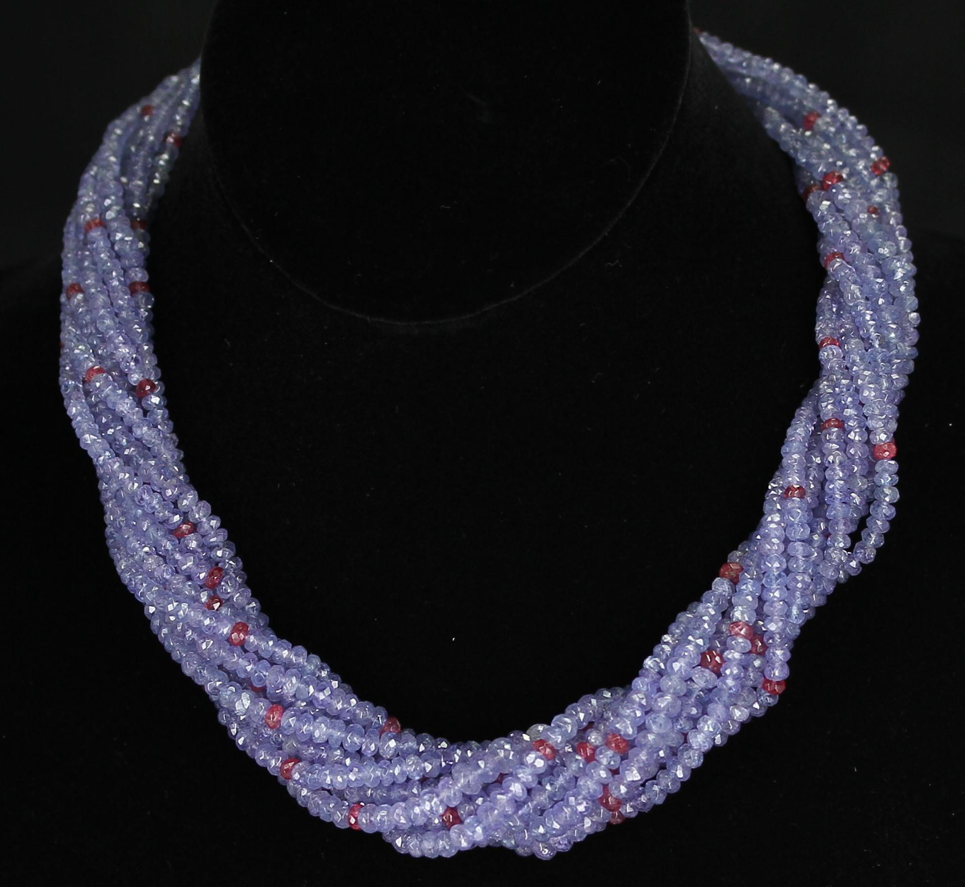 Genuine and Natural Tanzanite and Spinel Faceted Bead Choker Necklace, 18K White In Excellent Condition For Sale In New York, NY