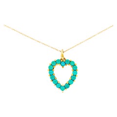 Genuine Natural Turquoise Beaded Heart Pendant and Chain, 14 Karat Gold Necklace