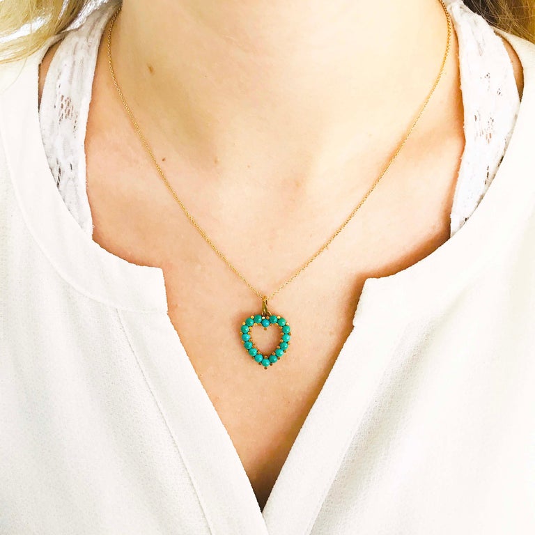 Genuine Natural Turquoise Beaded Heart Pendant and Chain, 14 Karat Gold Necklace at 1stDibs
