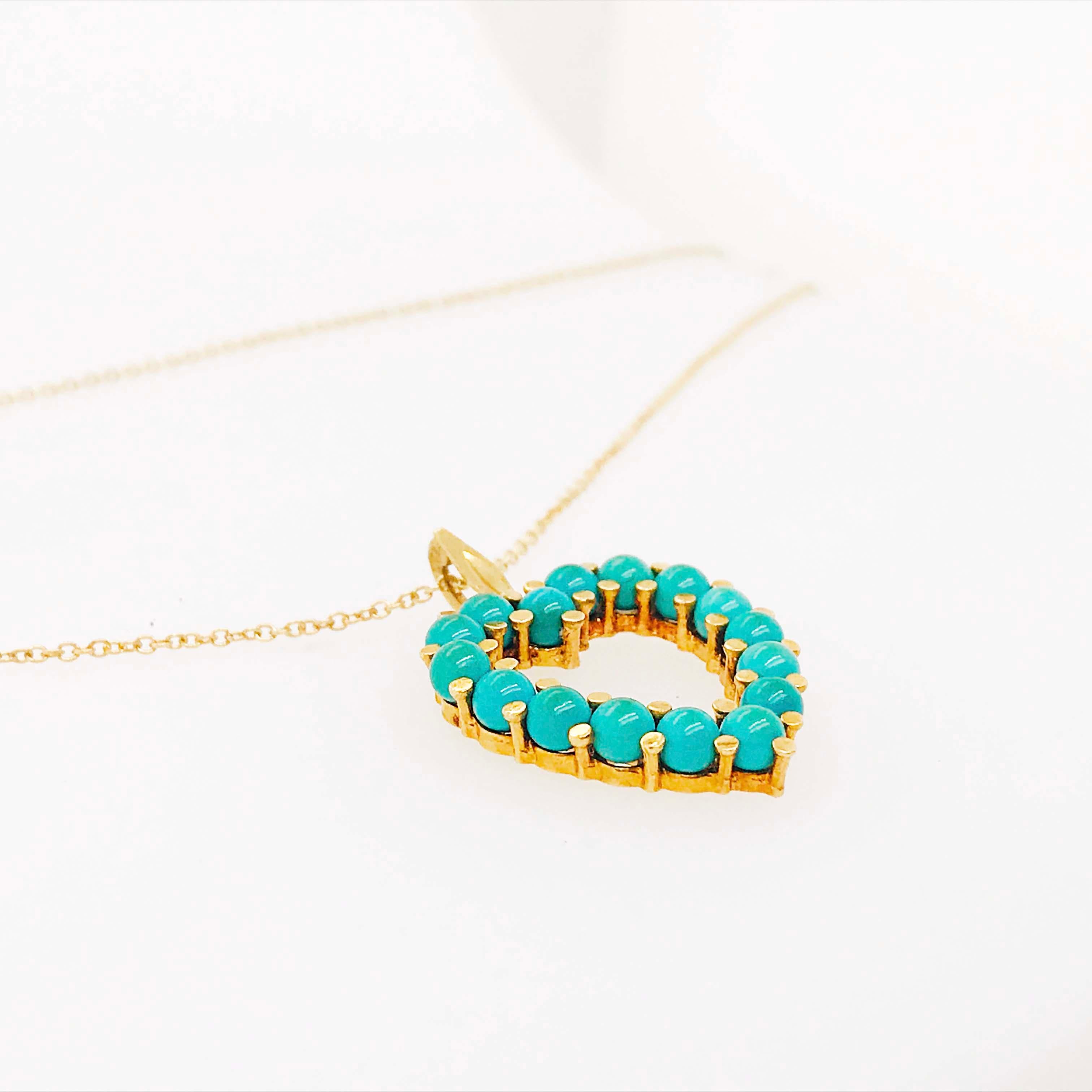 Post-War Genuine Natural Turquoise Beaded Heart Pendant and Chain, 14 Karat Gold Necklace