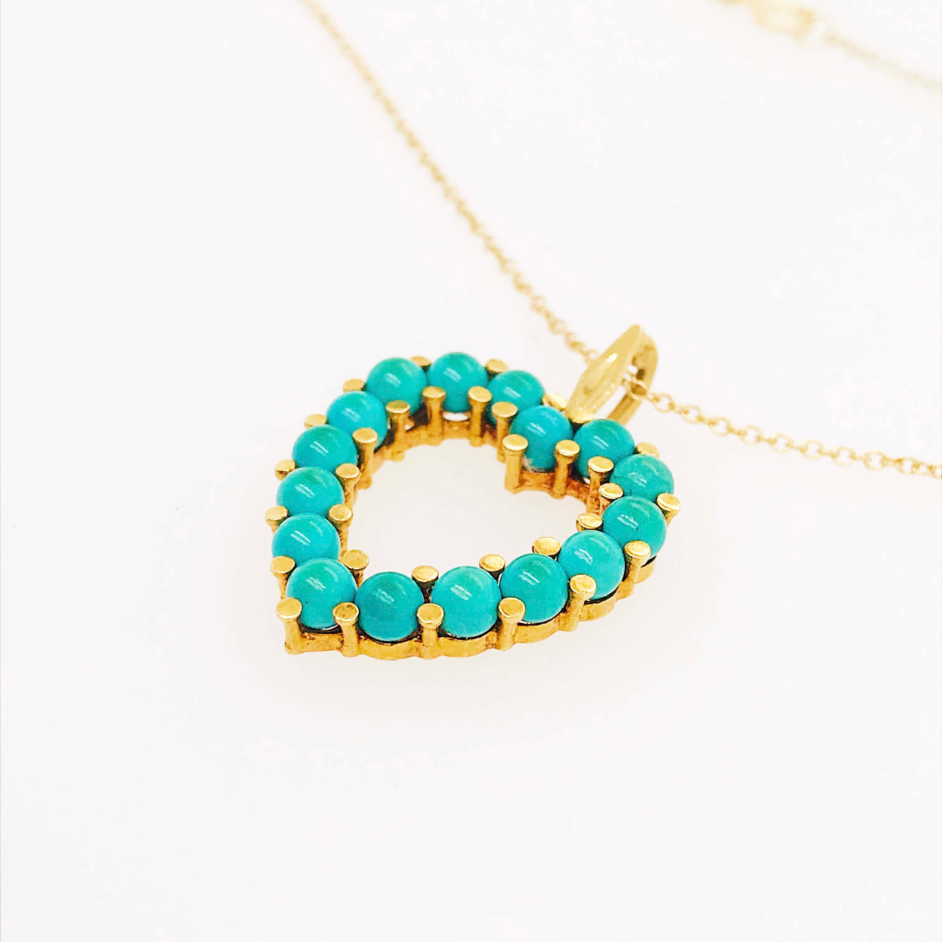 Round Cut Genuine Natural Turquoise Beaded Heart Pendant and Chain, 14 Karat Gold Necklace