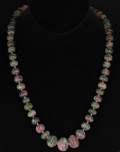 Genuine and Natural Watermelon Tourmaline Carved Beads Necklace