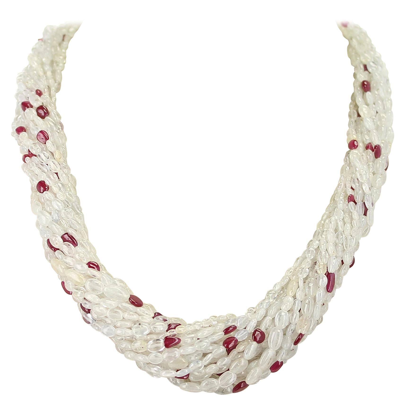 Halskette aus echtem und natürlichem gelb-weißem Saphir, glatt getuftet, Perle mit Rubin