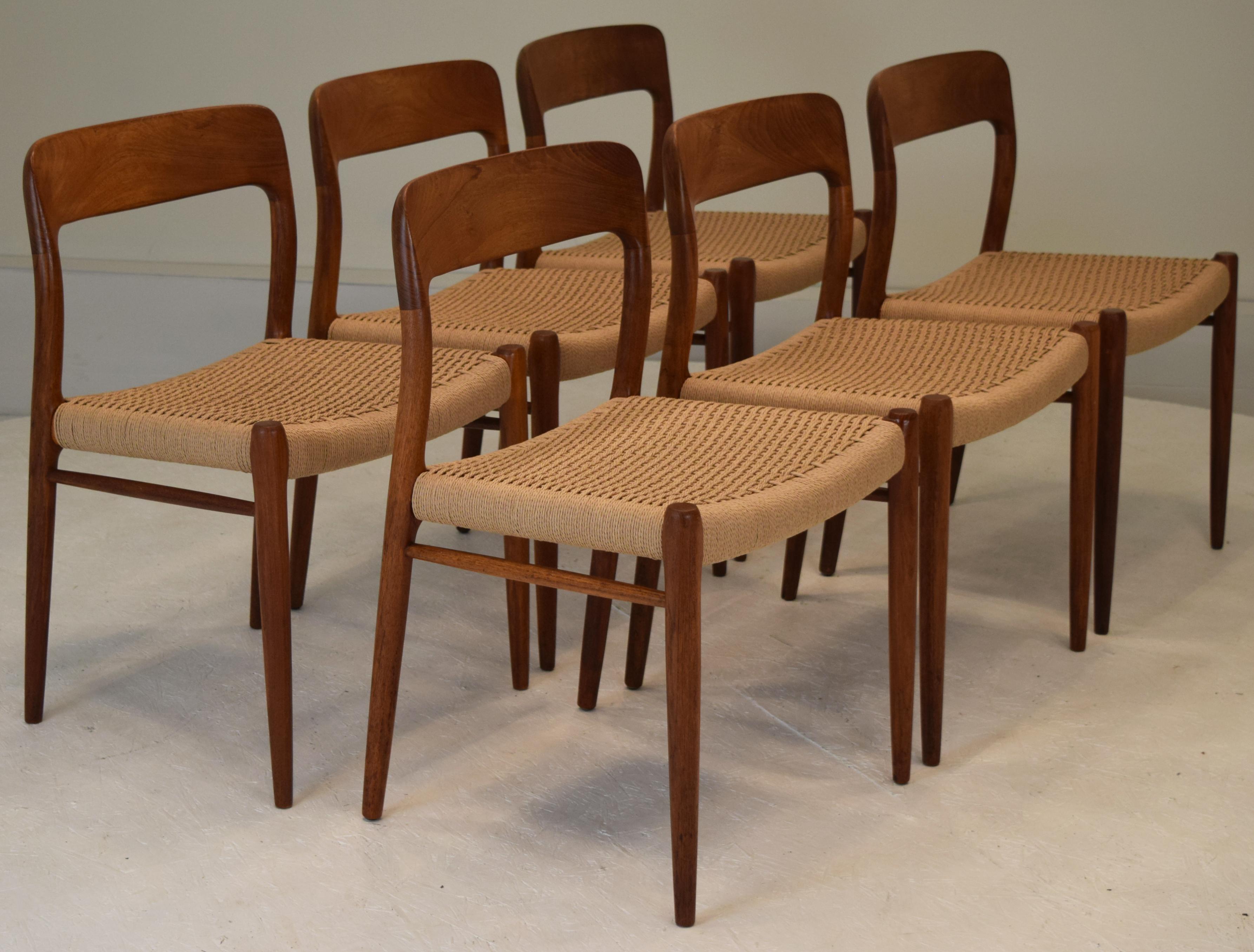 These are genuine vintage with each and every chair having the old makers mark and steel medallions by Niels O. Møller for J. L. Møller. Set of 6. Many claim to be vintage but are in fact more recent production dining chairs. These have been