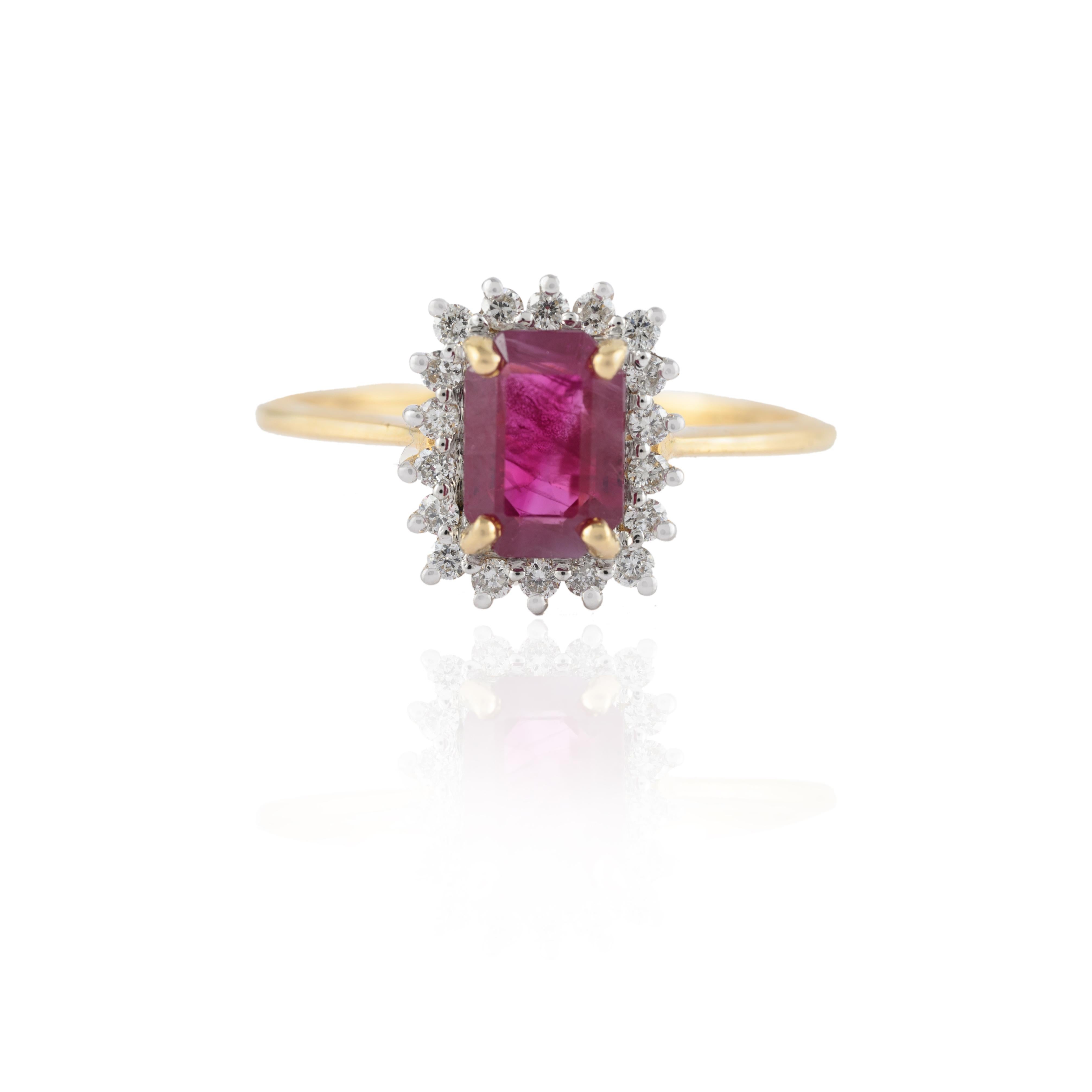 For Sale:  Genuine Octagon Cut Halo Diamond Ruby Ring in 14k Solid Yellow Gold 2