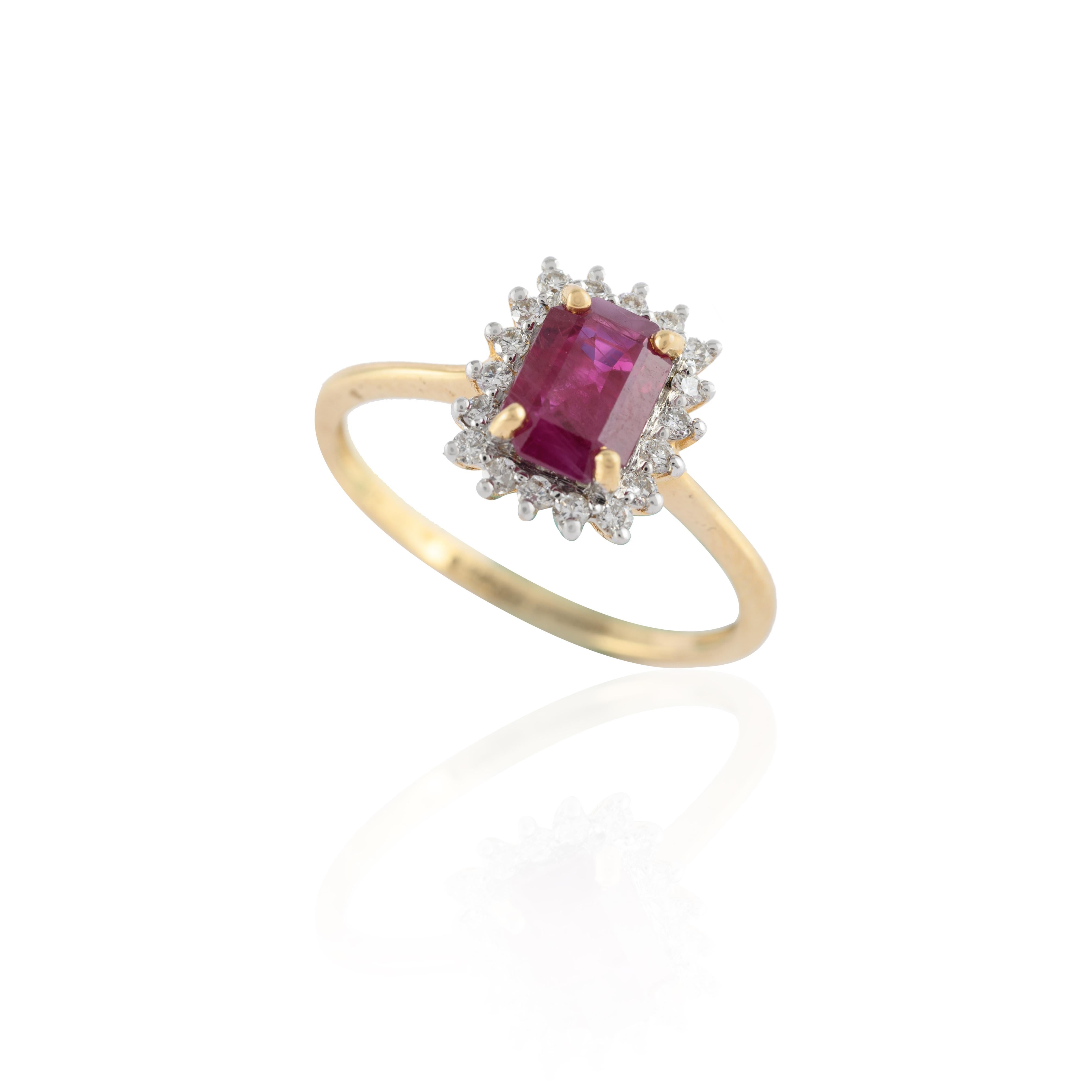 For Sale:  Genuine Octagon Cut Halo Diamond Ruby Ring in 14k Solid Yellow Gold 5