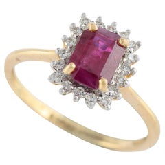 Genuine Octagon Cut Halo Diamond Ruby Ring in 14k Solid Yellow Gold