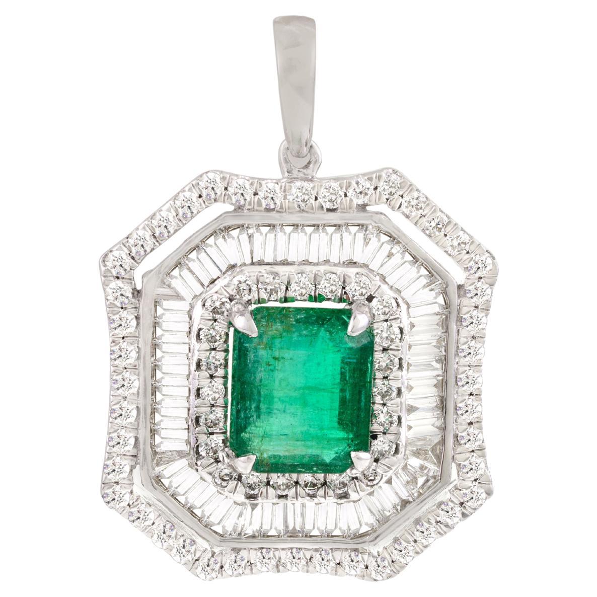 Genuine Octagon Emerald Pendant with Diamond Halo in 18k White Gold