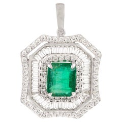 Genuine Octagon Emerald Pendant with Diamond Halo in 18k White Gold