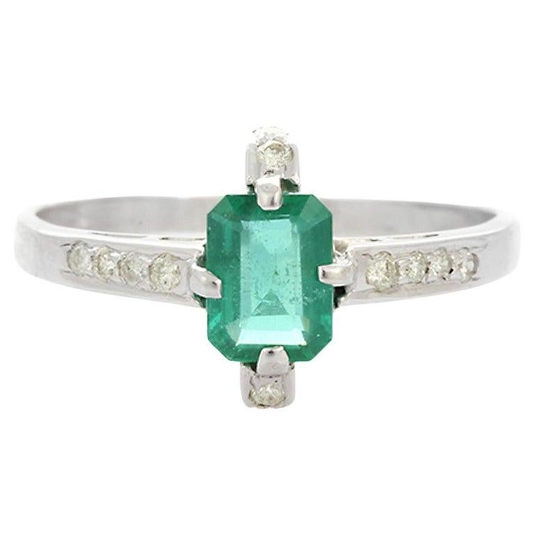 For Sale:  Genuine Octagon Emerald Ring with Diamonds in 14k Solid White Gold 10