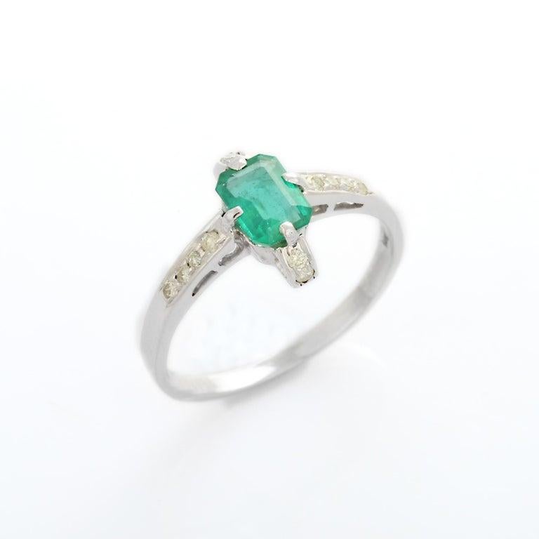 For Sale:  Genuine Octagon Emerald Ring with Diamonds in 14k Solid White Gold 7