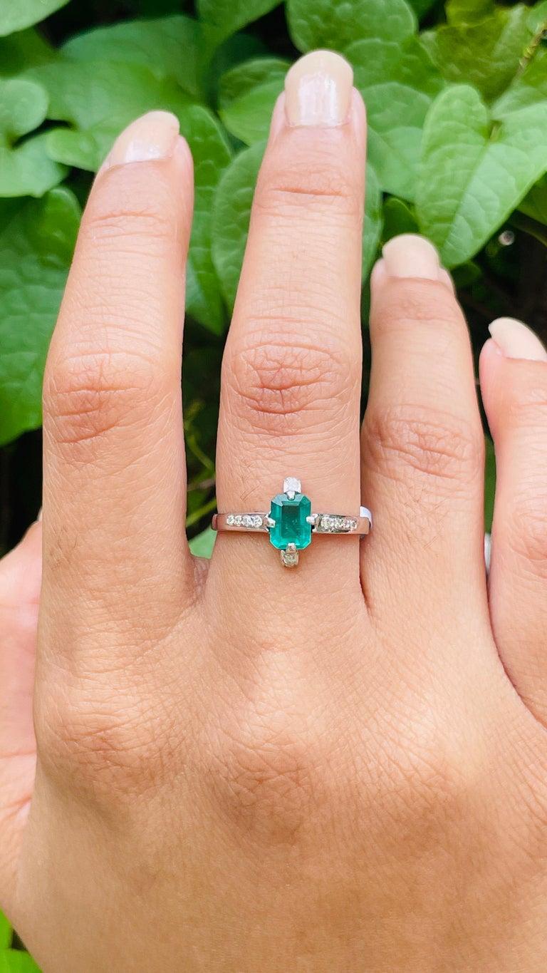 For Sale:  Genuine Octagon Emerald Ring with Diamonds in 14k Solid White Gold 8