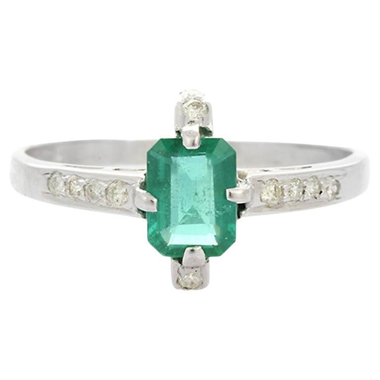 Genuine Octagon Emerald Ring with Diamonds in 14k Solid White Gold