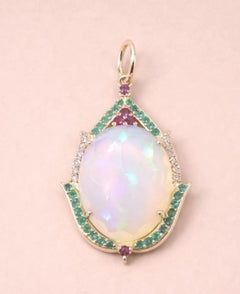 Genuine Opal 10ct Diamond Ruby Emerald Pendant in 14K Yellow Gold