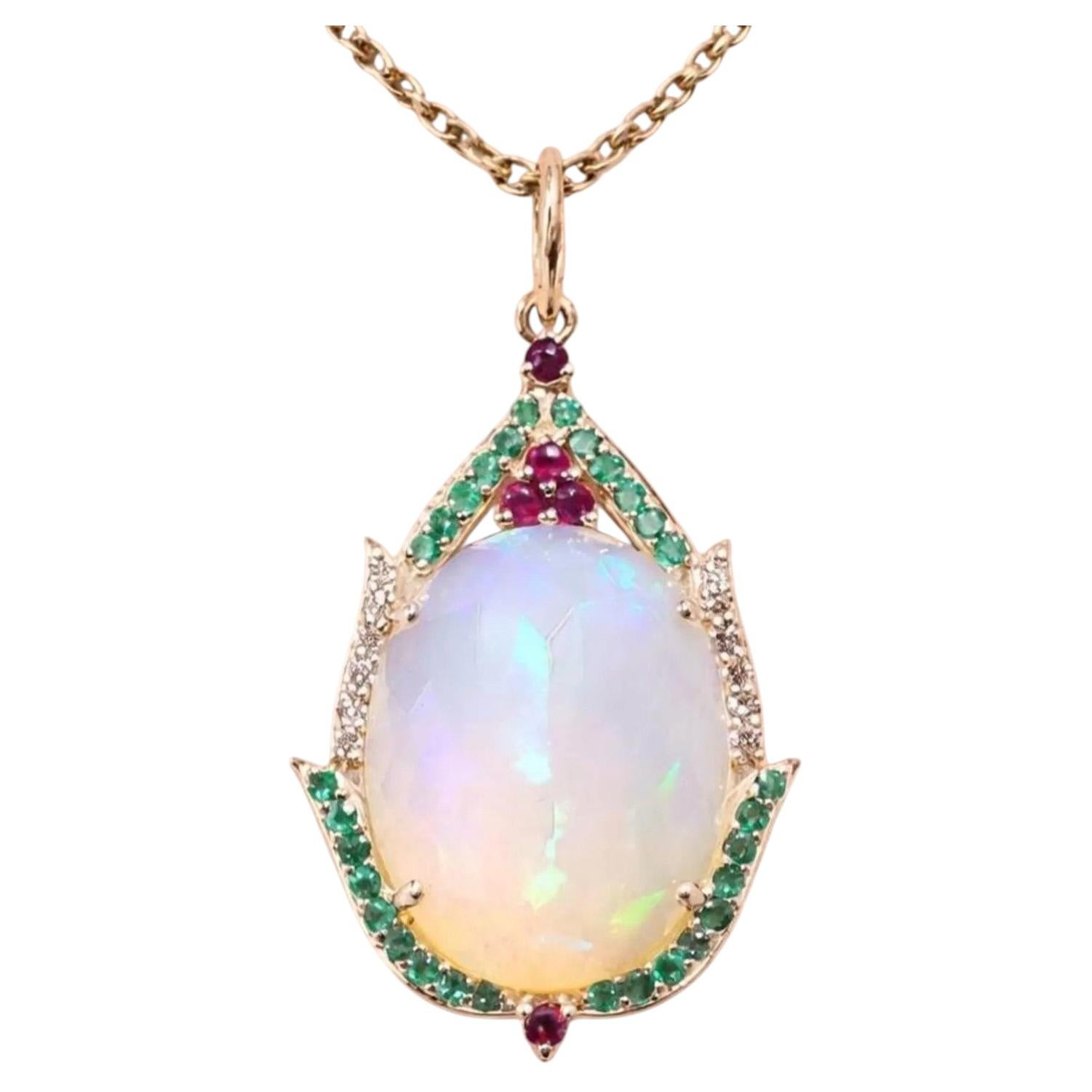 Genuine Opal 10ct Diamond Ruby Emerald Pendant in 14K Yellow Gold