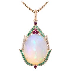 Genuine Opal 10ct Diamond Ruby Emerald Pendant in 14K Yellow Gold