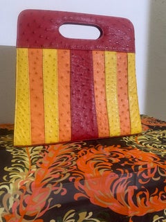 Genuine Ostrich Skin Striped Handbag in Burgundy Orange & Yellow w Top Handle