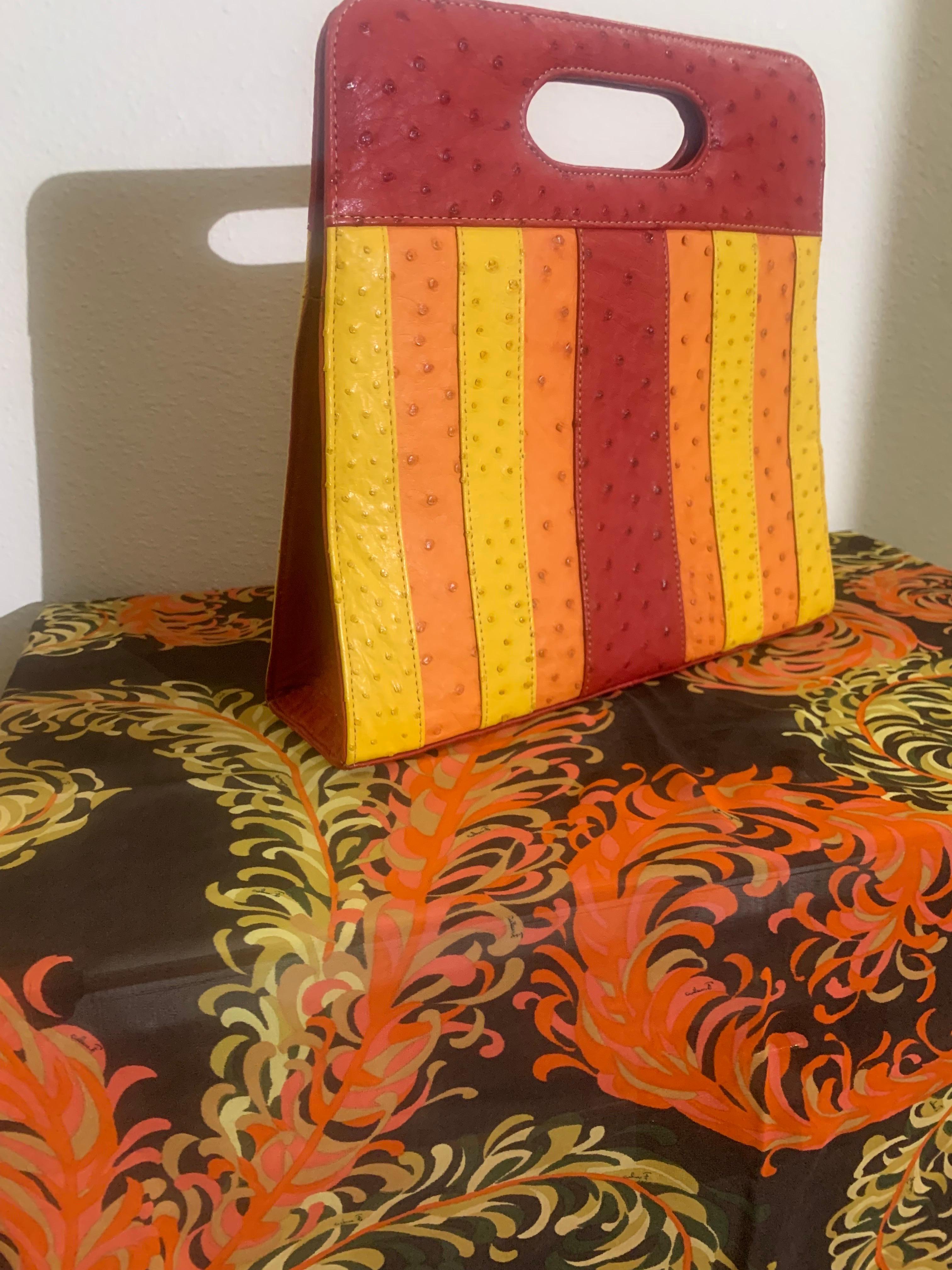 Brown Genuine Ostrich Skin Striped Handbag in Burgundy Orange & Yellow w Top Handle For Sale