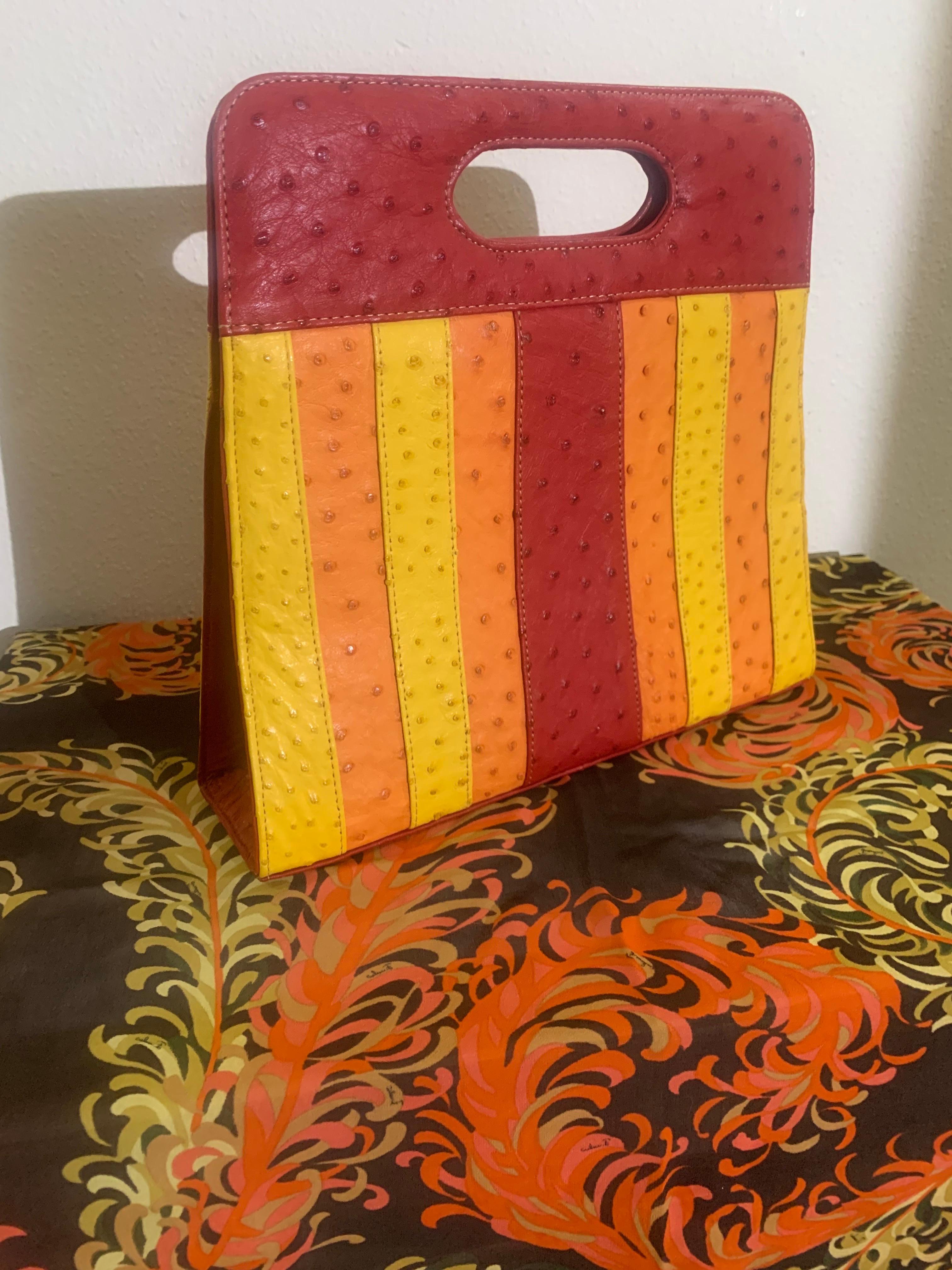 Genuine Ostrich Skin Striped Handbag in Burgundy Orange & Yellow w Top Handle In New Condition For Sale In Gresham, OR