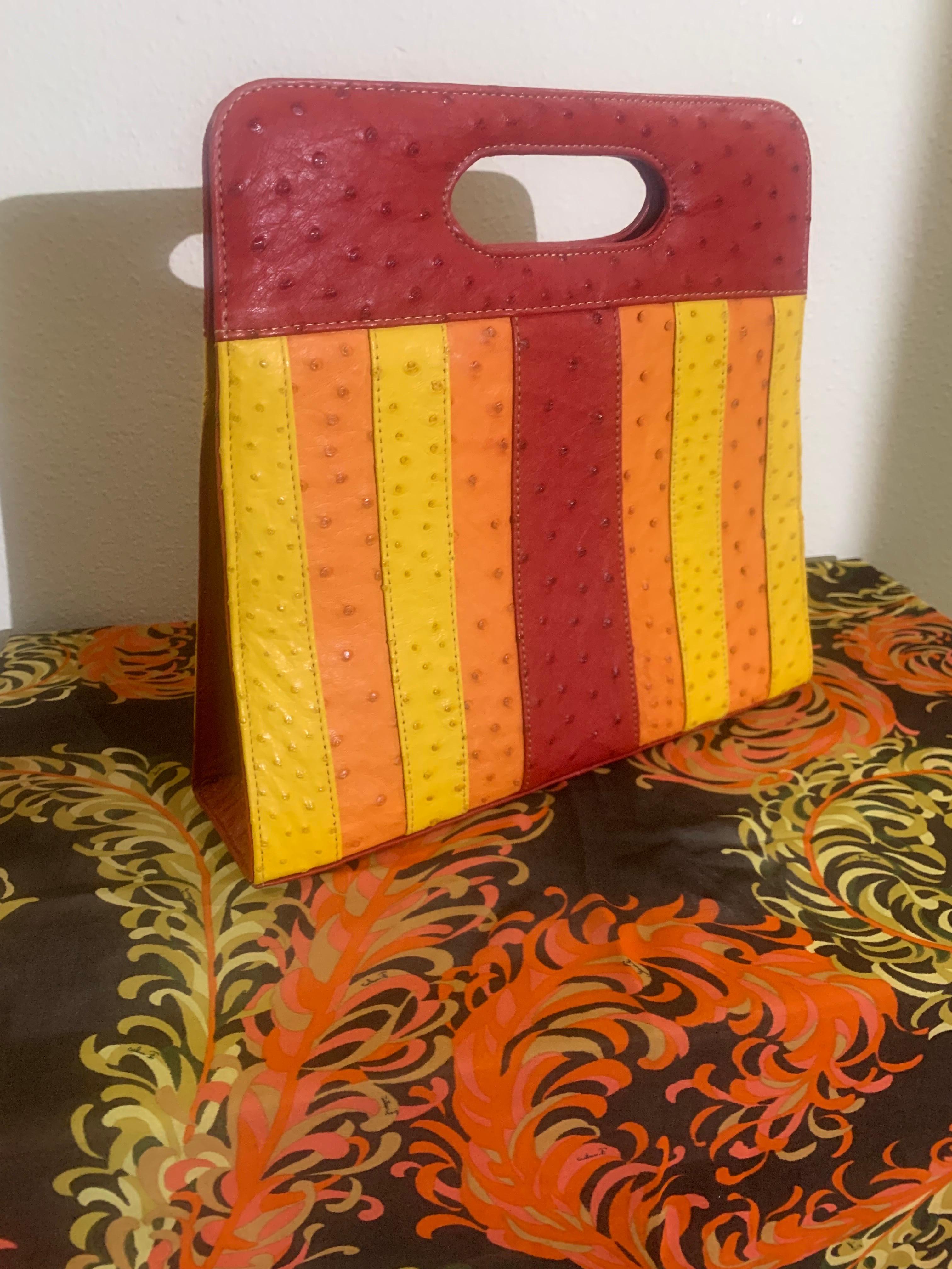Women's Genuine Ostrich Skin Striped Handbag in Burgundy Orange & Yellow w Top Handle For Sale