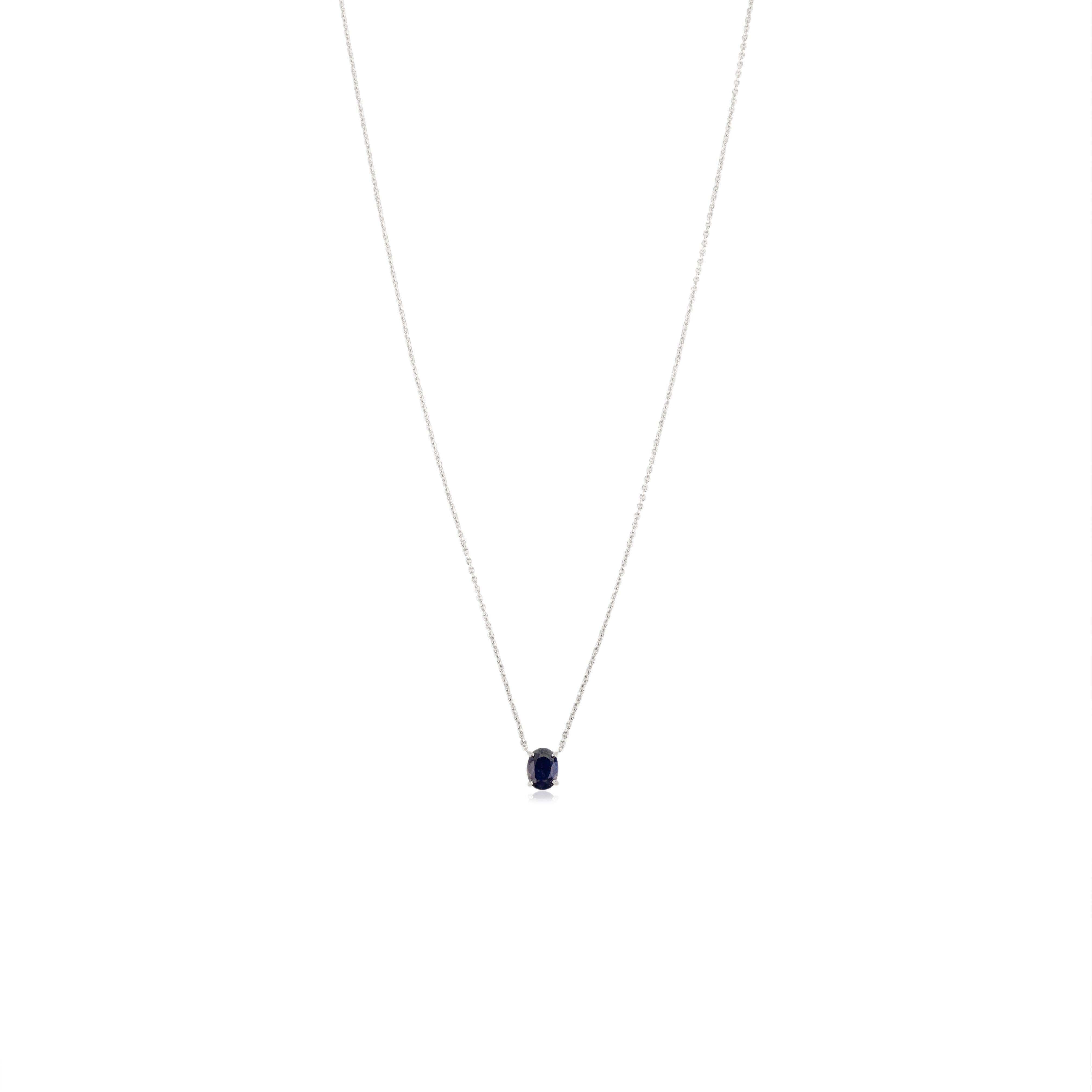 Collana con ciondolo in vero zaffiro blu taglio ovale con catena in oro bianco 14K in vendita 2