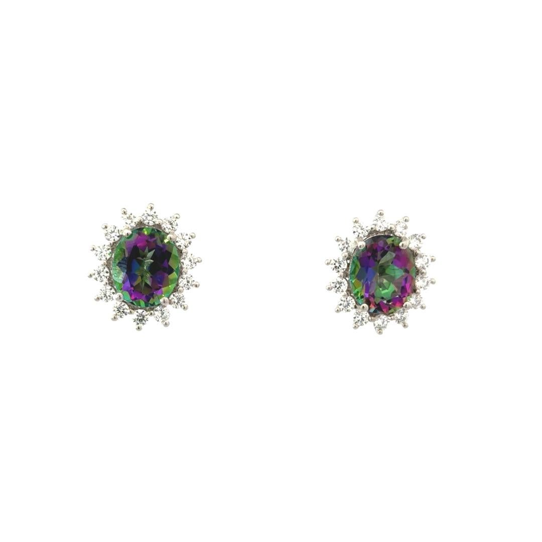 Boucles d'oreilles Halo en argent sterling avec Topaze Mystique Véritable de taille ovale pour Elle Neuf - En vente à New York, NY