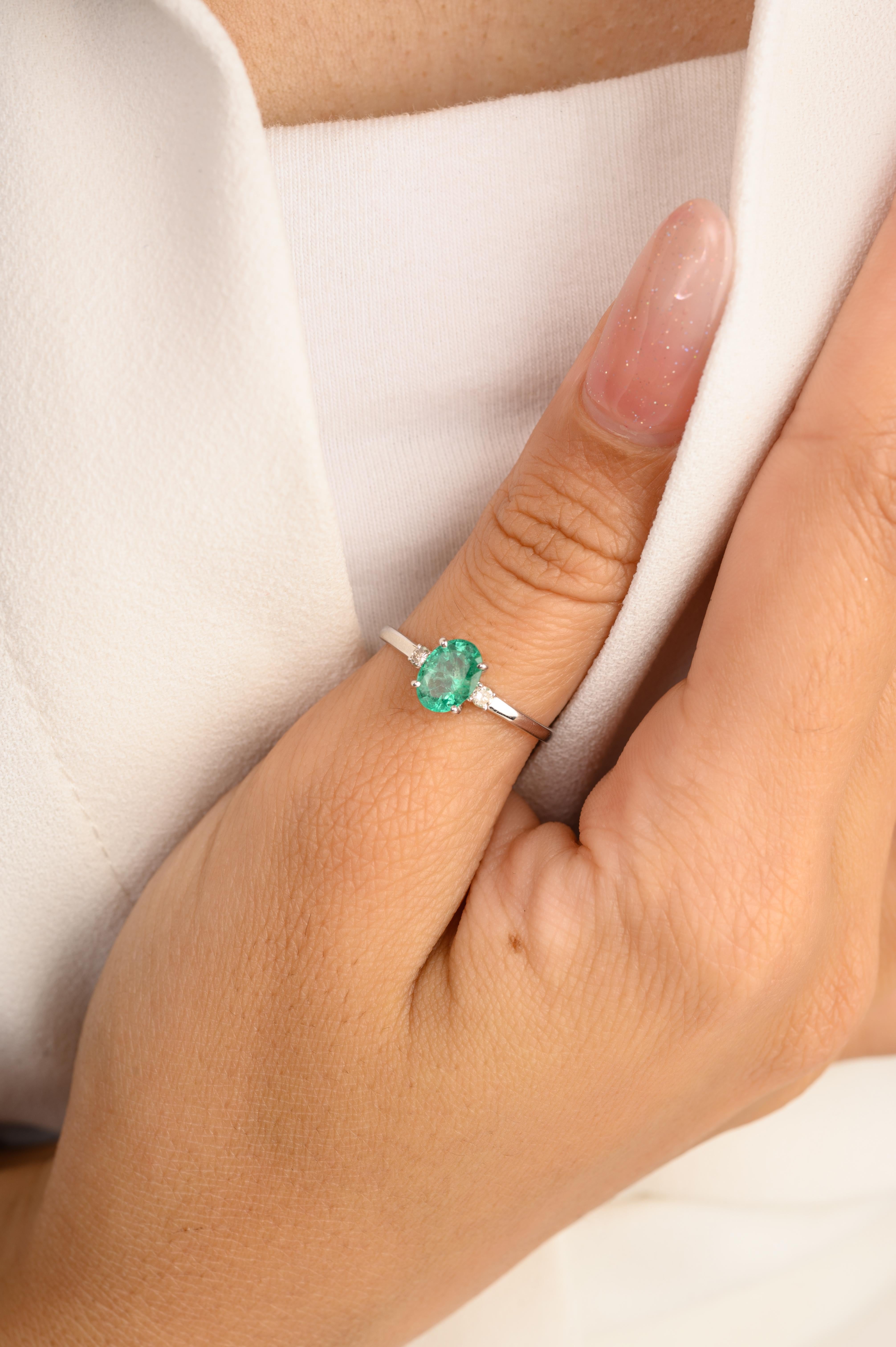 For Sale:  Genuine Oval Emerald Solitaire Ring with Diamond in 14k Solid White Gold 2