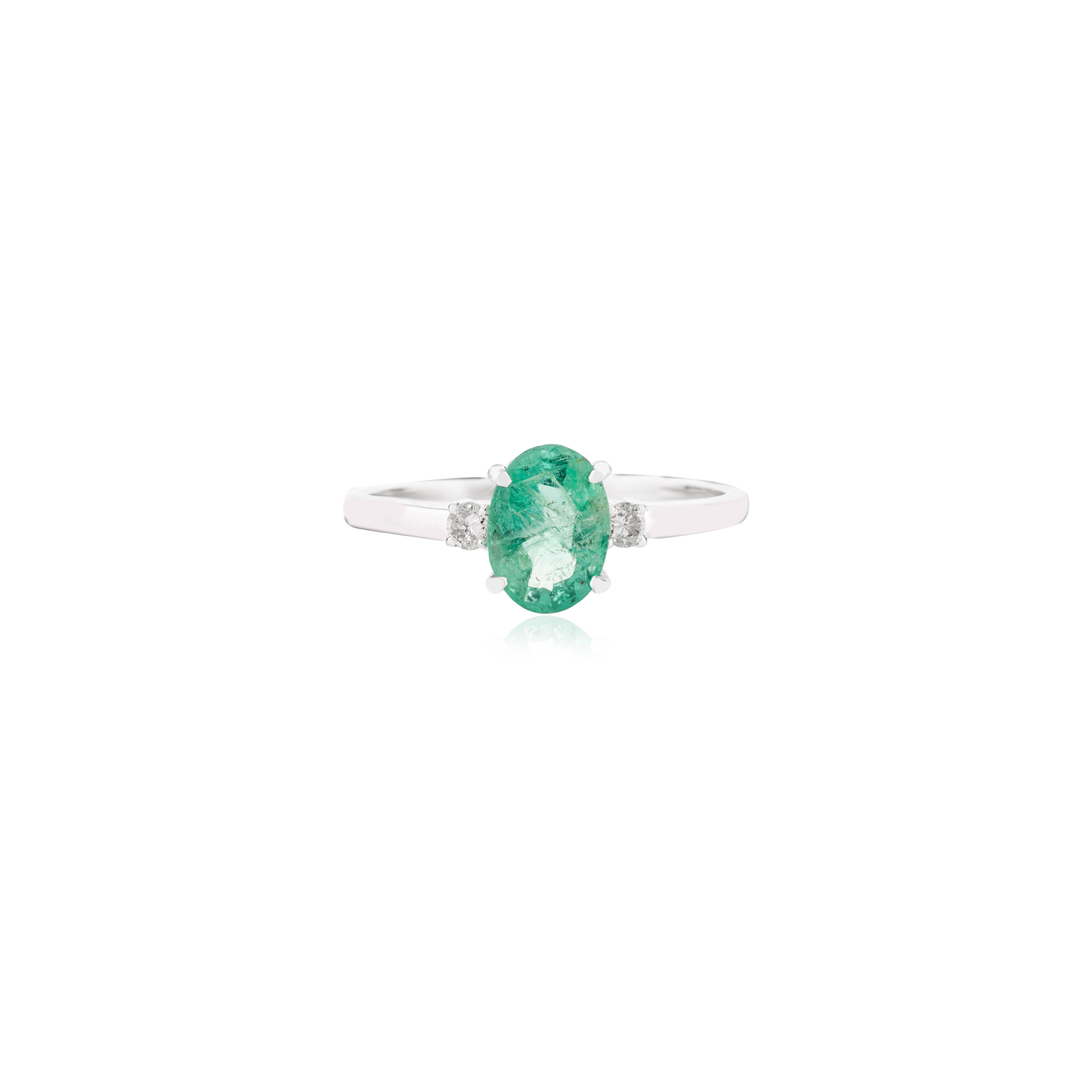 For Sale:  Genuine Oval Emerald Solitaire Ring with Diamond in 14k Solid White Gold 8