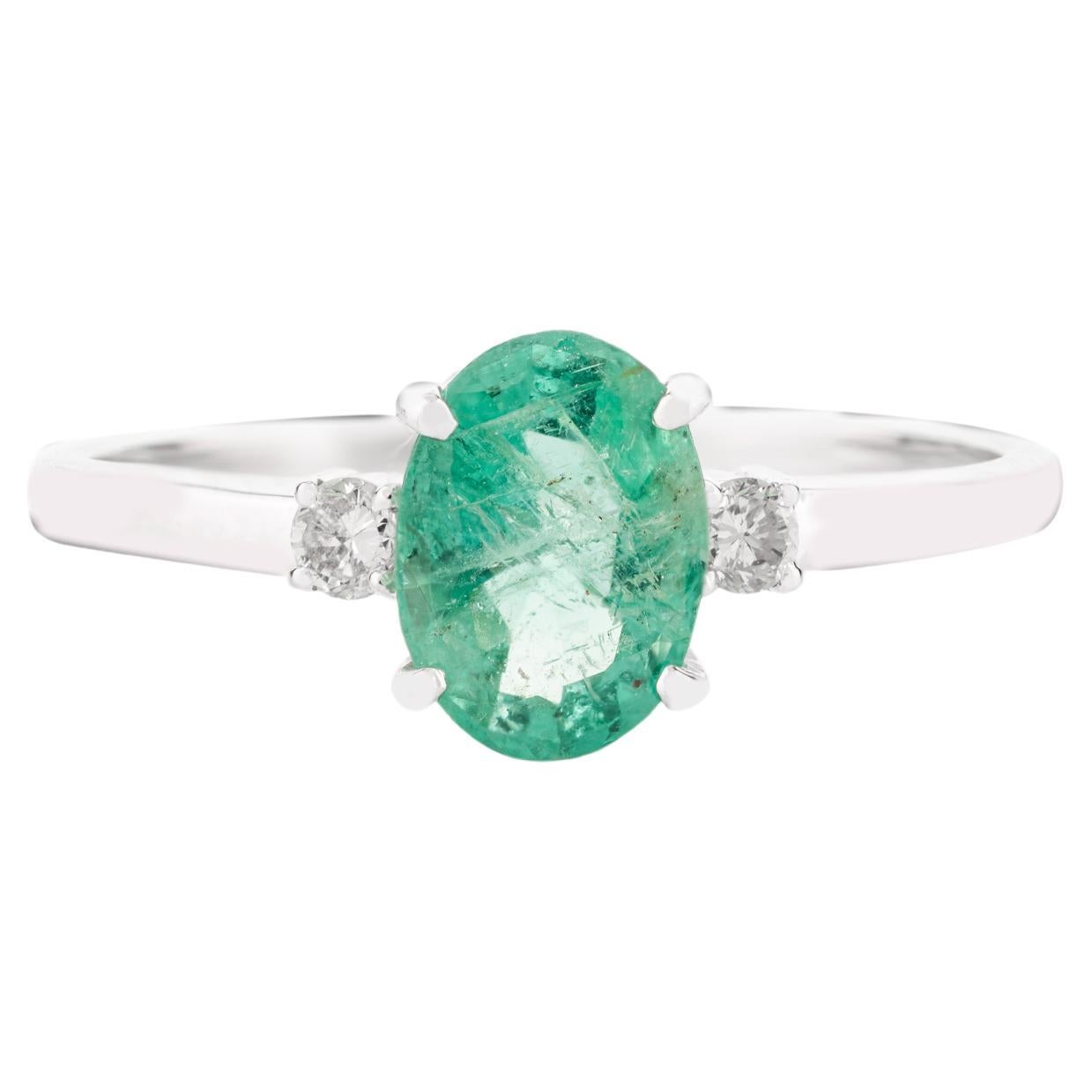 For Sale:  Genuine Oval Emerald Solitaire Ring with Diamond in 14k Solid White Gold