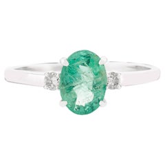 Genuine Oval Emerald Solitaire Ring with Diamond in 14k Solid White Gold 