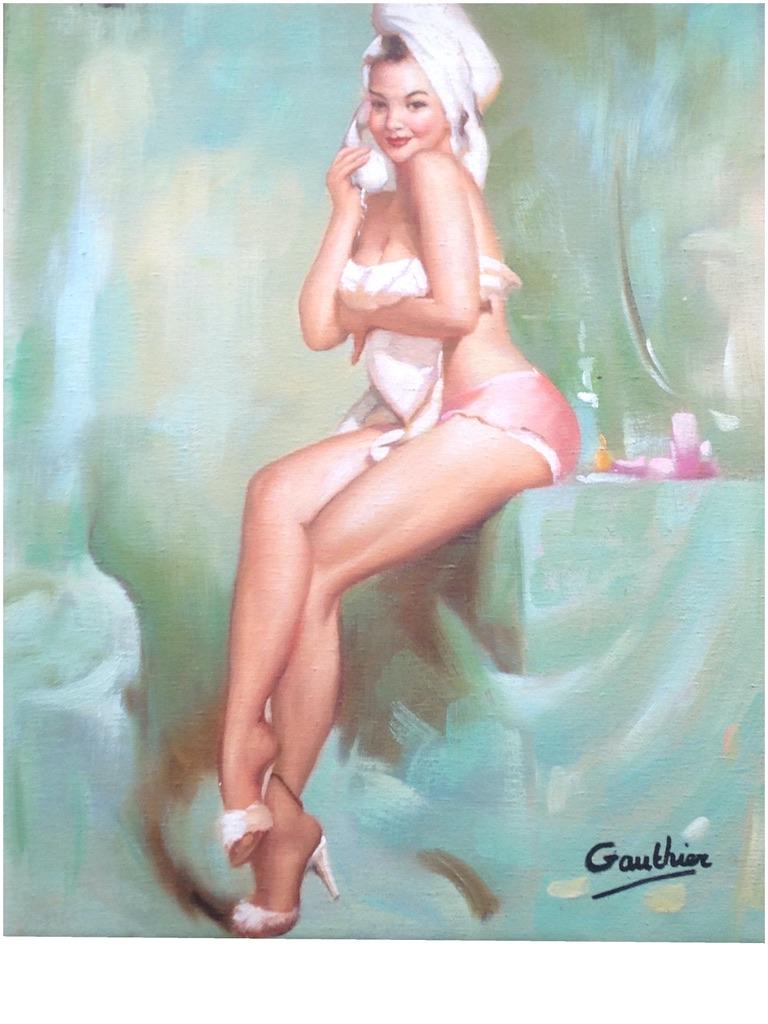 Mid 20th Century Genuine Oil Painting of a woman – Cheesecake Style
Signed by Artist – Gautier 

Size 15” x 17.5” x 0.75”

The Painting depicts a woman on the telephone in front of a dressing table
This subject was also painted by the