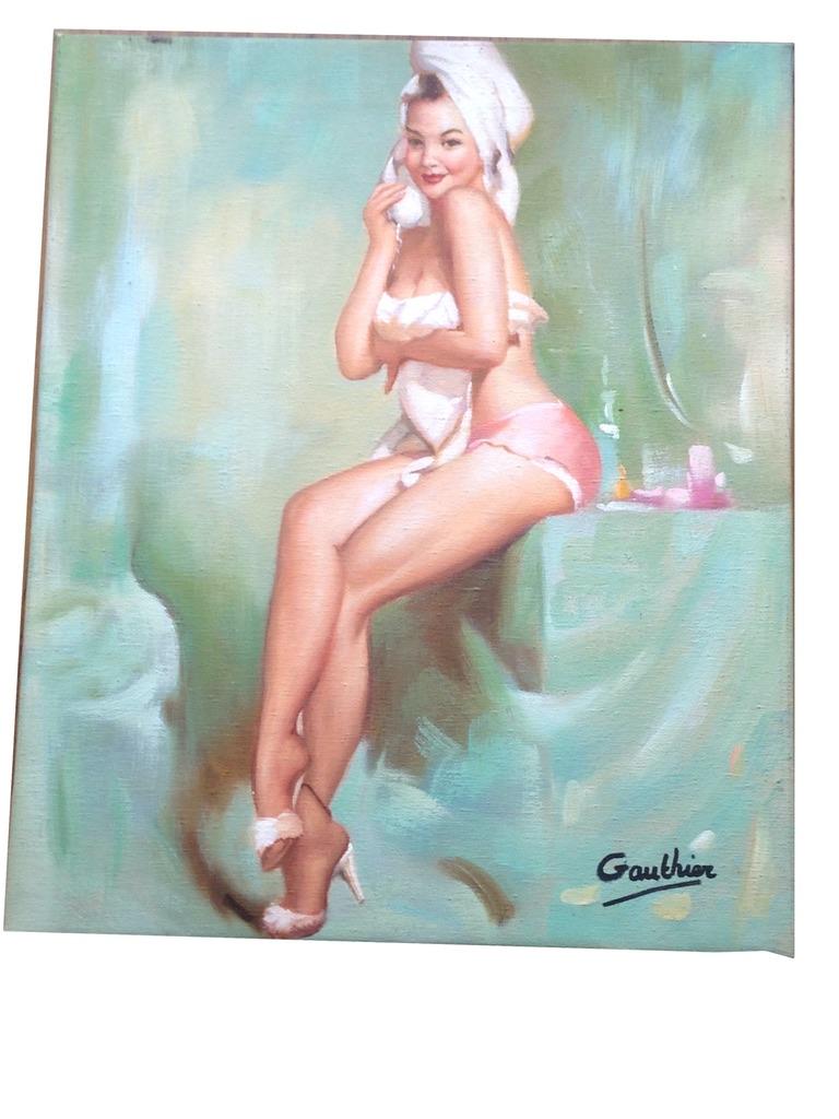 Mid-Century Modern Peinture authentique de Cheescake Pin up Girl de Gautier en vente