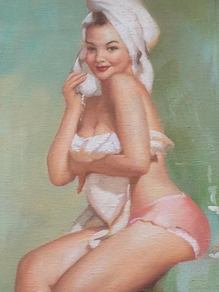 Mid-Century Modern Genuine Painting of Cheescake Pin up Girl by Gautier For Sale