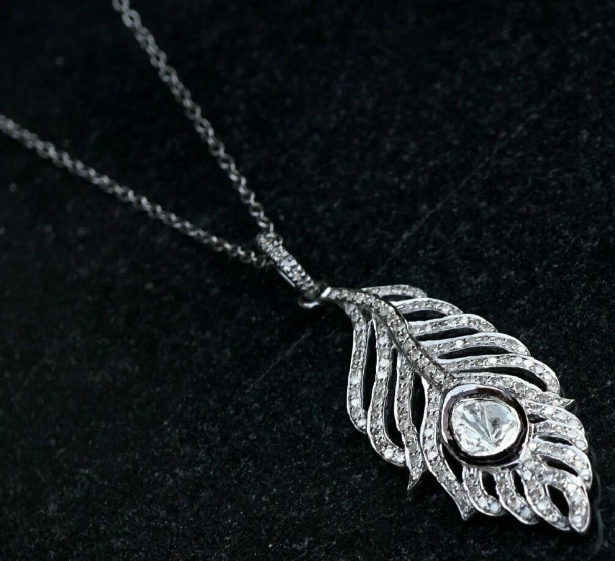 Ciondolo a forma di piuma di Polki in argento 925 con diamante autentico, fatto a mano e regalato. in vendita 4
