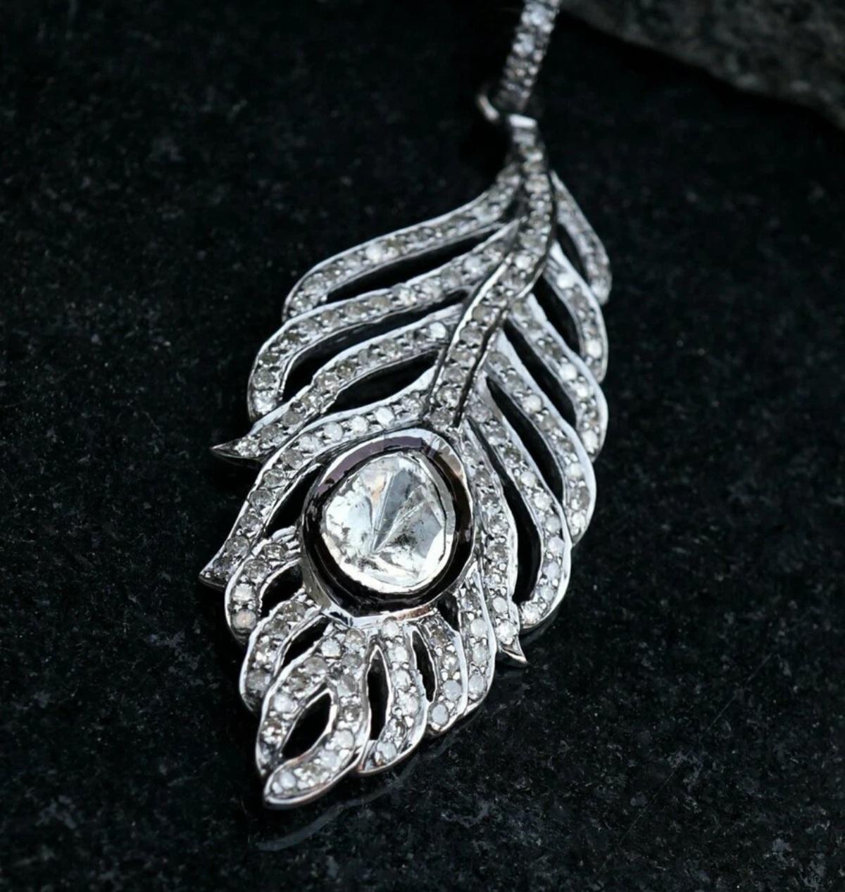 Ciondolo a forma di piuma di Polki in argento 925 con diamante autentico, fatto a mano e regalato. in vendita 5