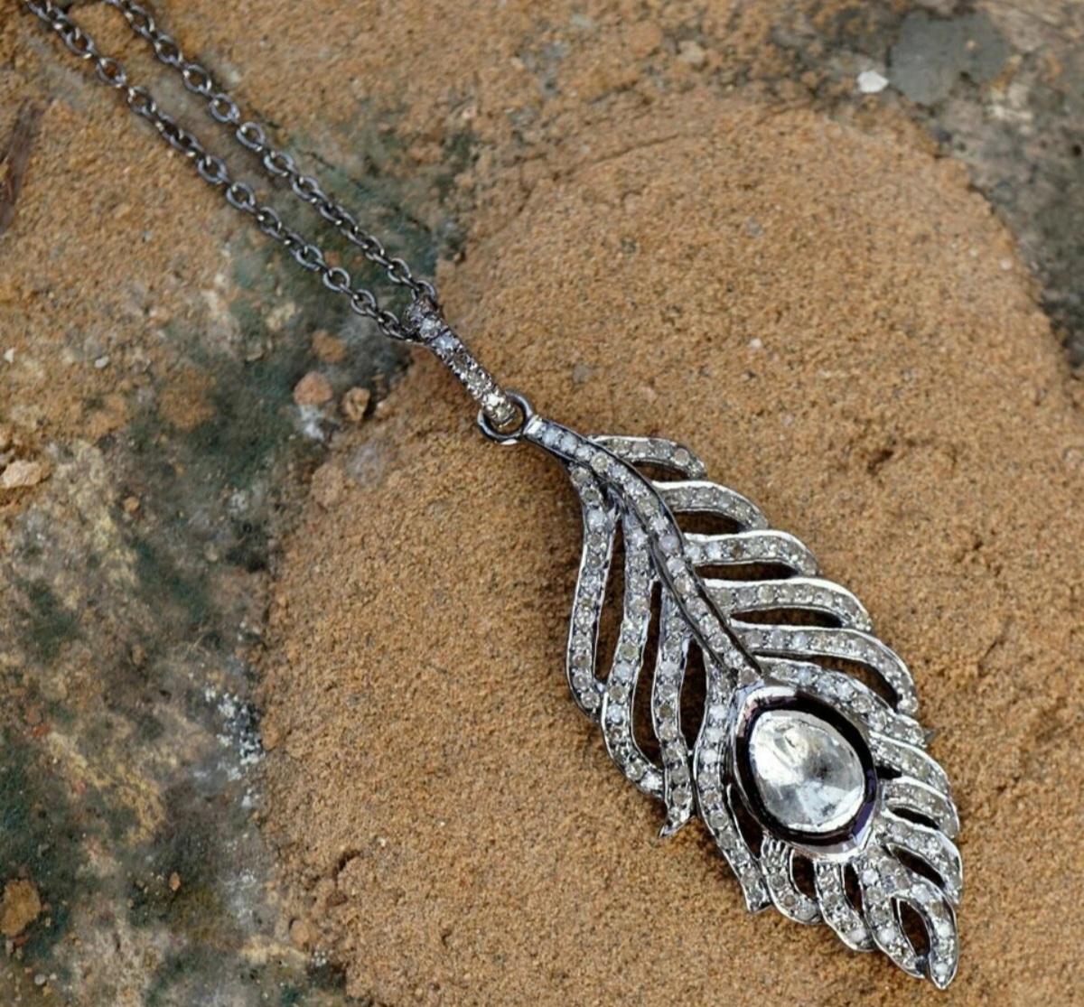 Ciondolo a forma di piuma di Polki in argento 925 con diamante autentico, fatto a mano e regalato. in vendita 7