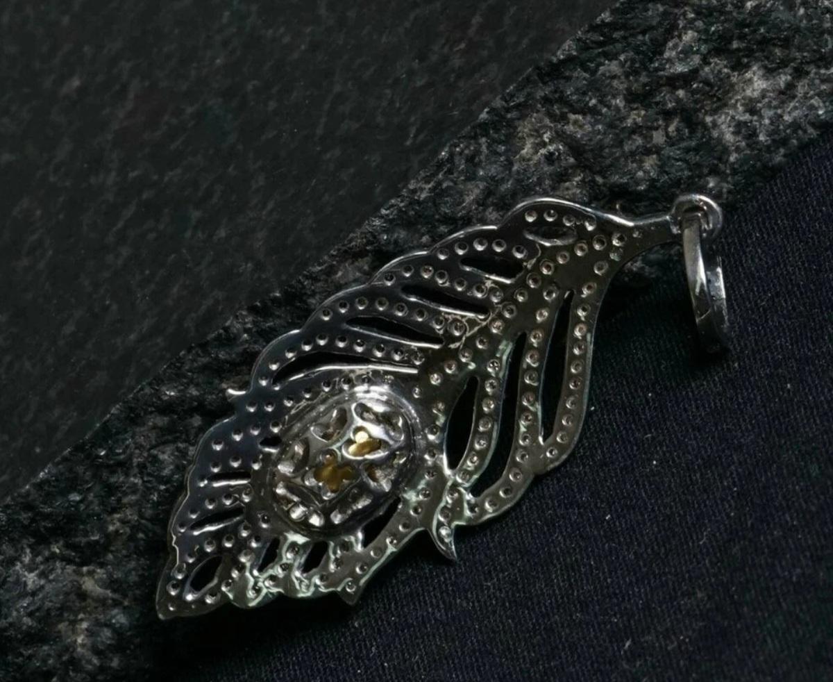da uomo o donna Ciondolo a forma di piuma di Polki in argento 925 con diamante autentico, fatto a mano e regalato. in vendita