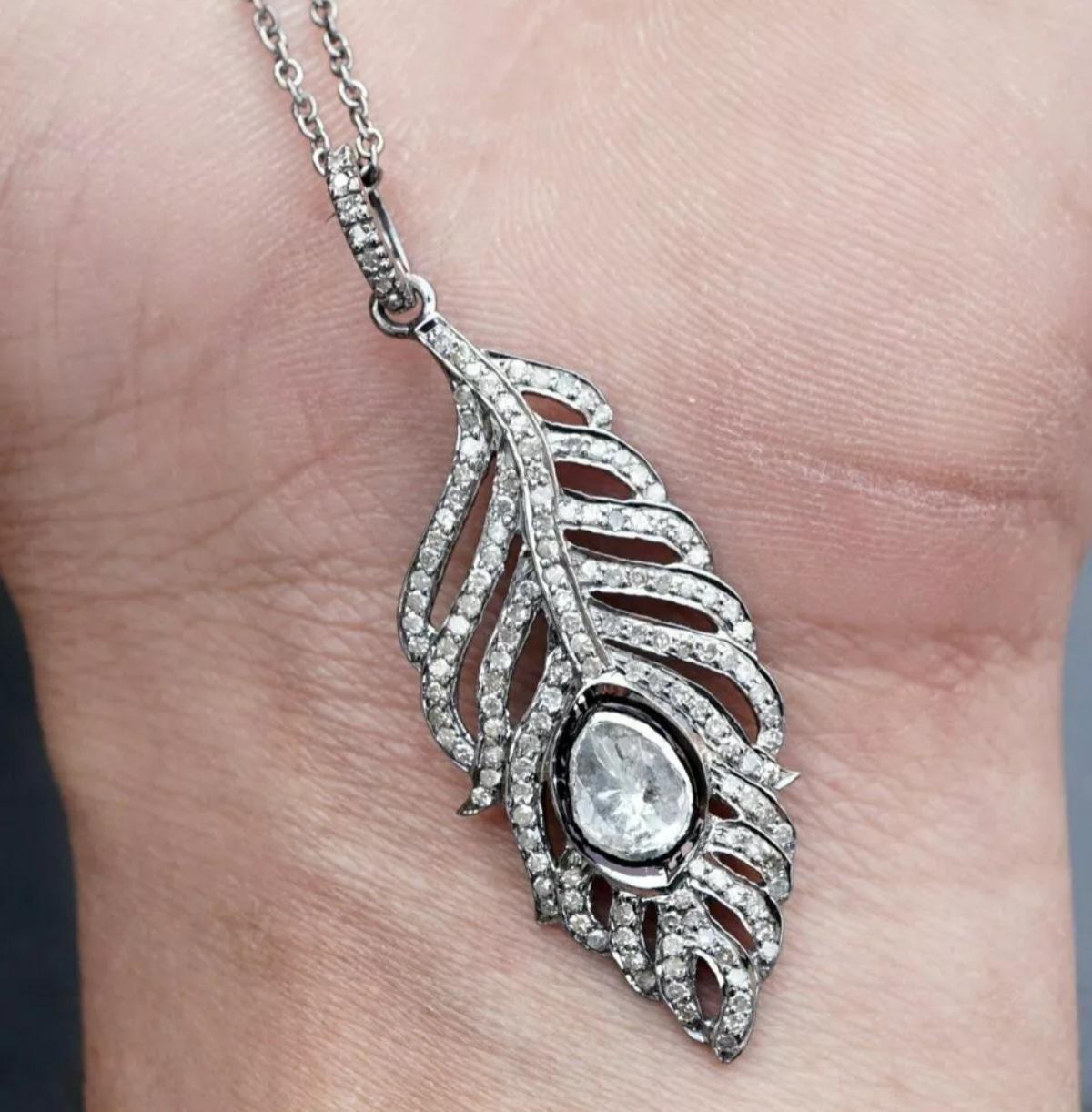 Ciondolo a forma di piuma di Polki in argento 925 con diamante autentico, fatto a mano e regalato. in vendita 2