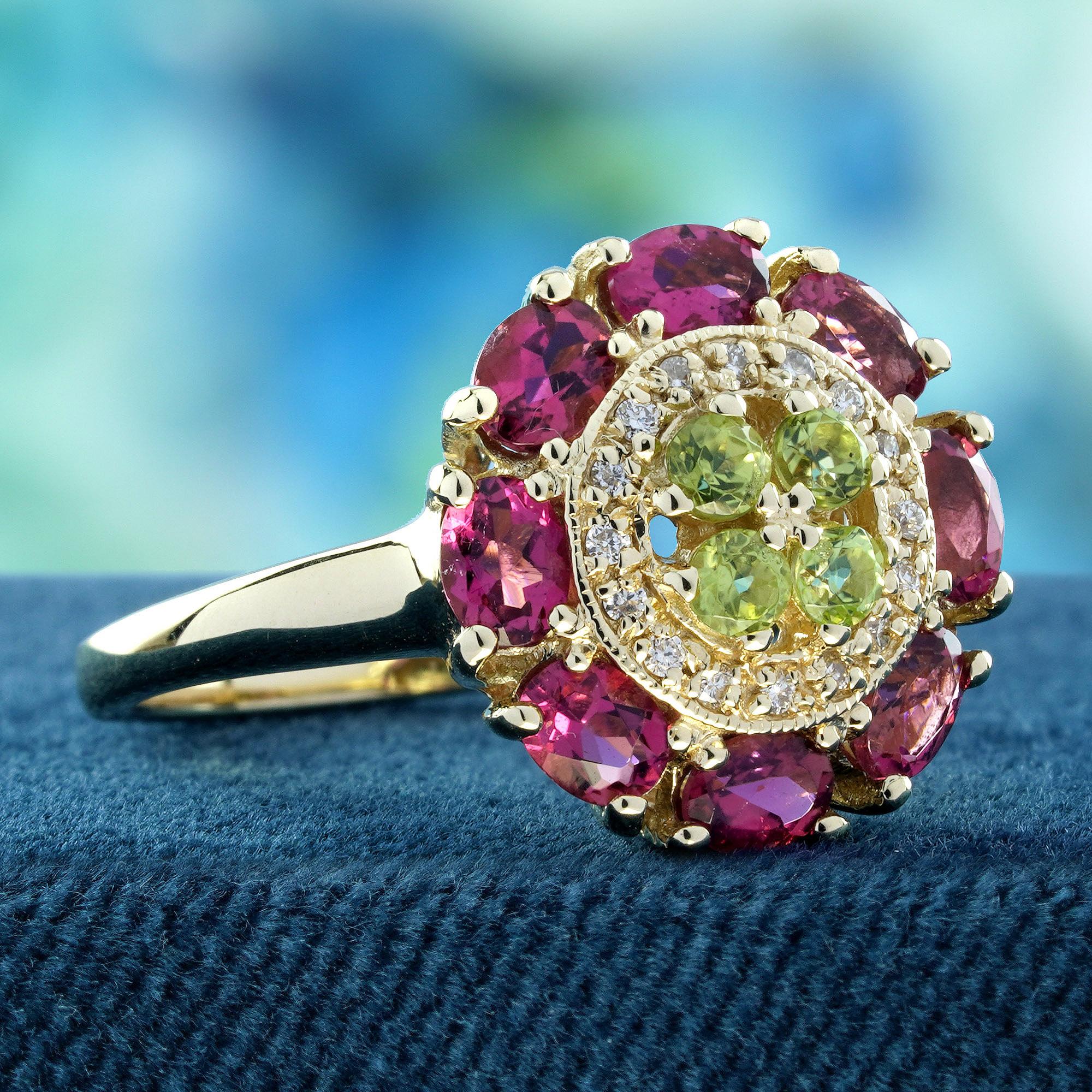 Peridoto auténtico Turmalina rosa Anillo floral de diamantes en oro amarillo de 9 quilates Eduardiano en venta