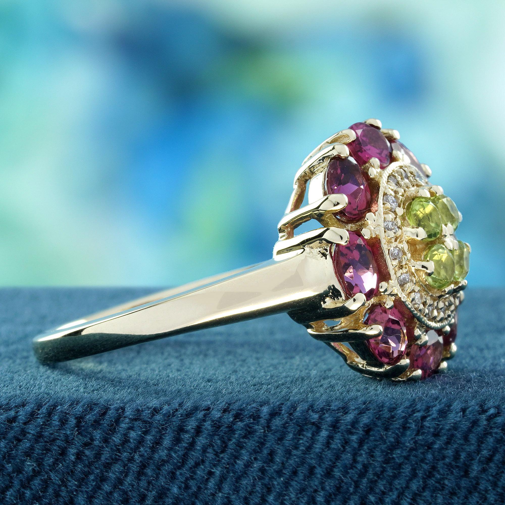 Peridoto auténtico Turmalina rosa Anillo floral de diamantes en oro amarillo de 9 quilates Corte redondo en venta